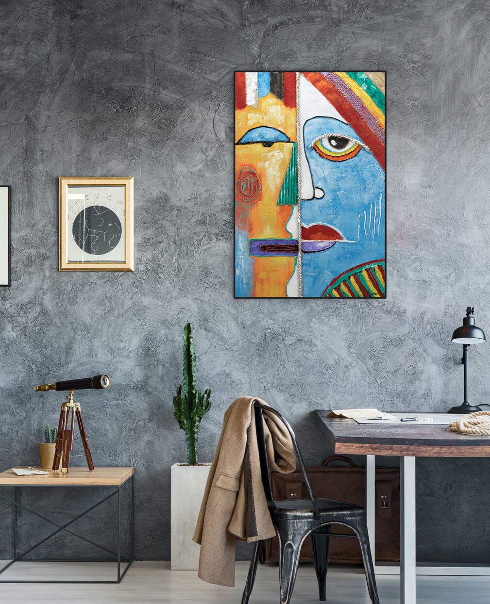KunstLoft Tableau peinture moderne | 100% PEINT À LA MAIN | 60x90cm | Peinture sur toile 'Two Faces' | Visage | Multicolore | Deco murale salon