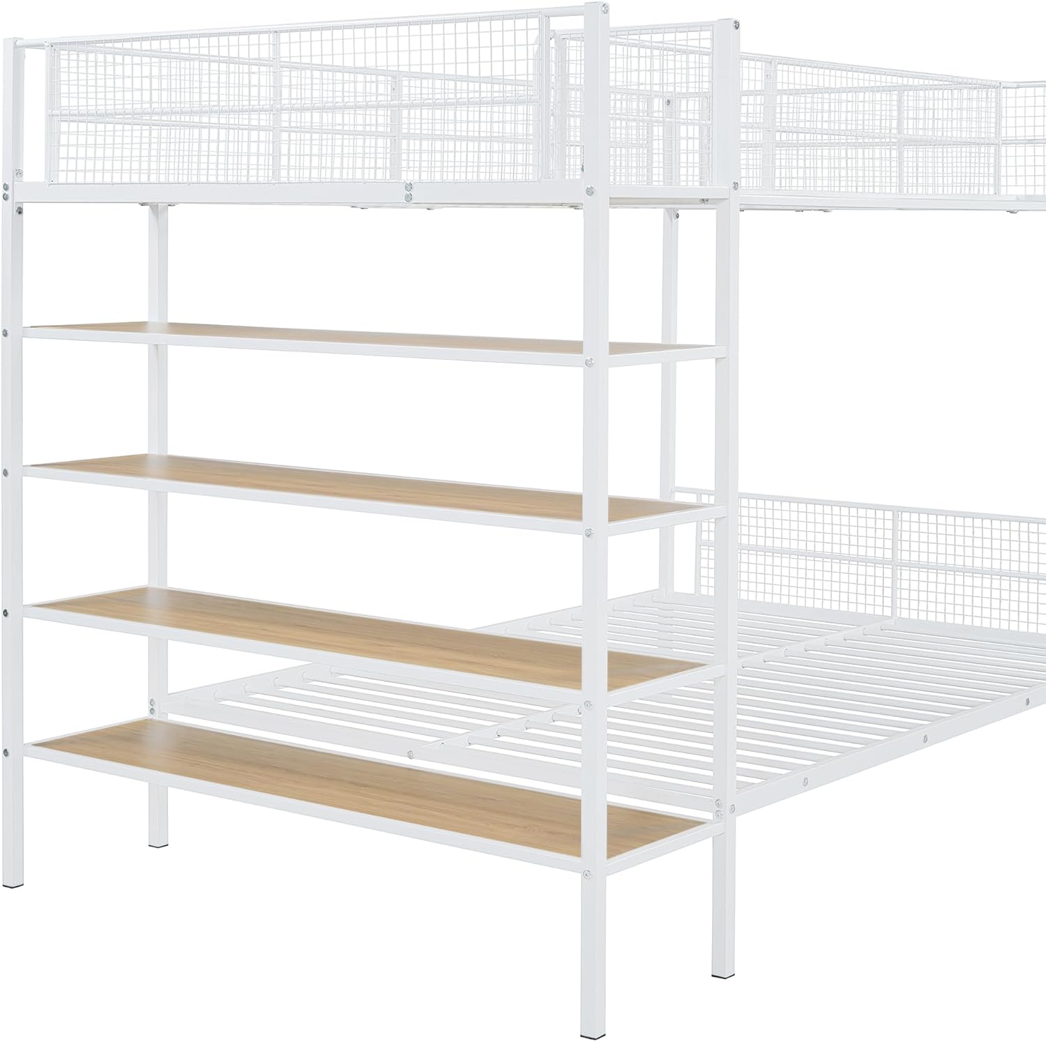 Versatile Metal Bunk Bed Twin Over Full Size with Built-in 5-Tier Shelves, Modern Style Bunk Bed Frame with Guardrail for Kids Teens Adults Bedrooms Guest Room (White-11.27)