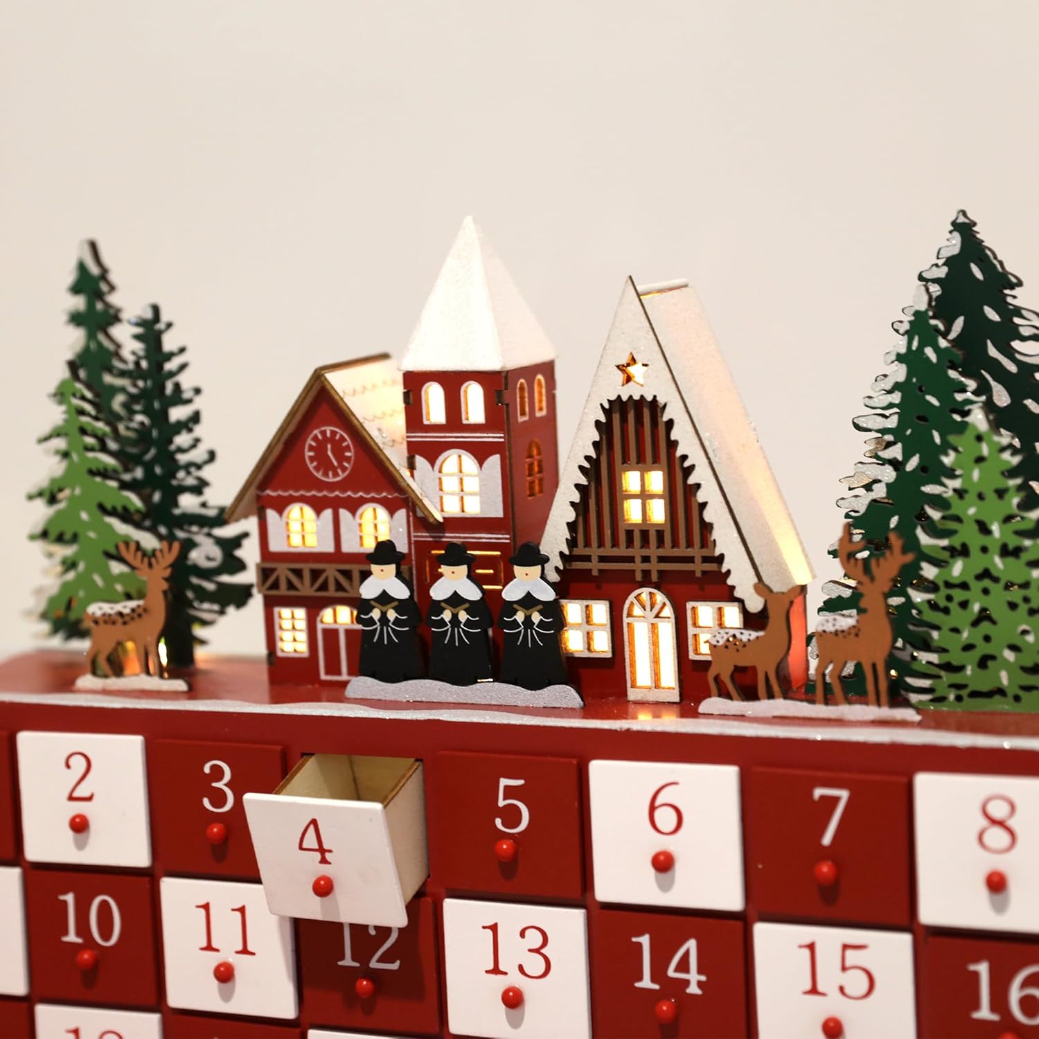 Christmas Wooden Advent Calendar with LED Lights, 24 Drawers Countdown to Christmas Festive Church Scene with Reindeer and Trees, Perfect for Holiday Home Decor 14.8x 10.7x 3.1"
