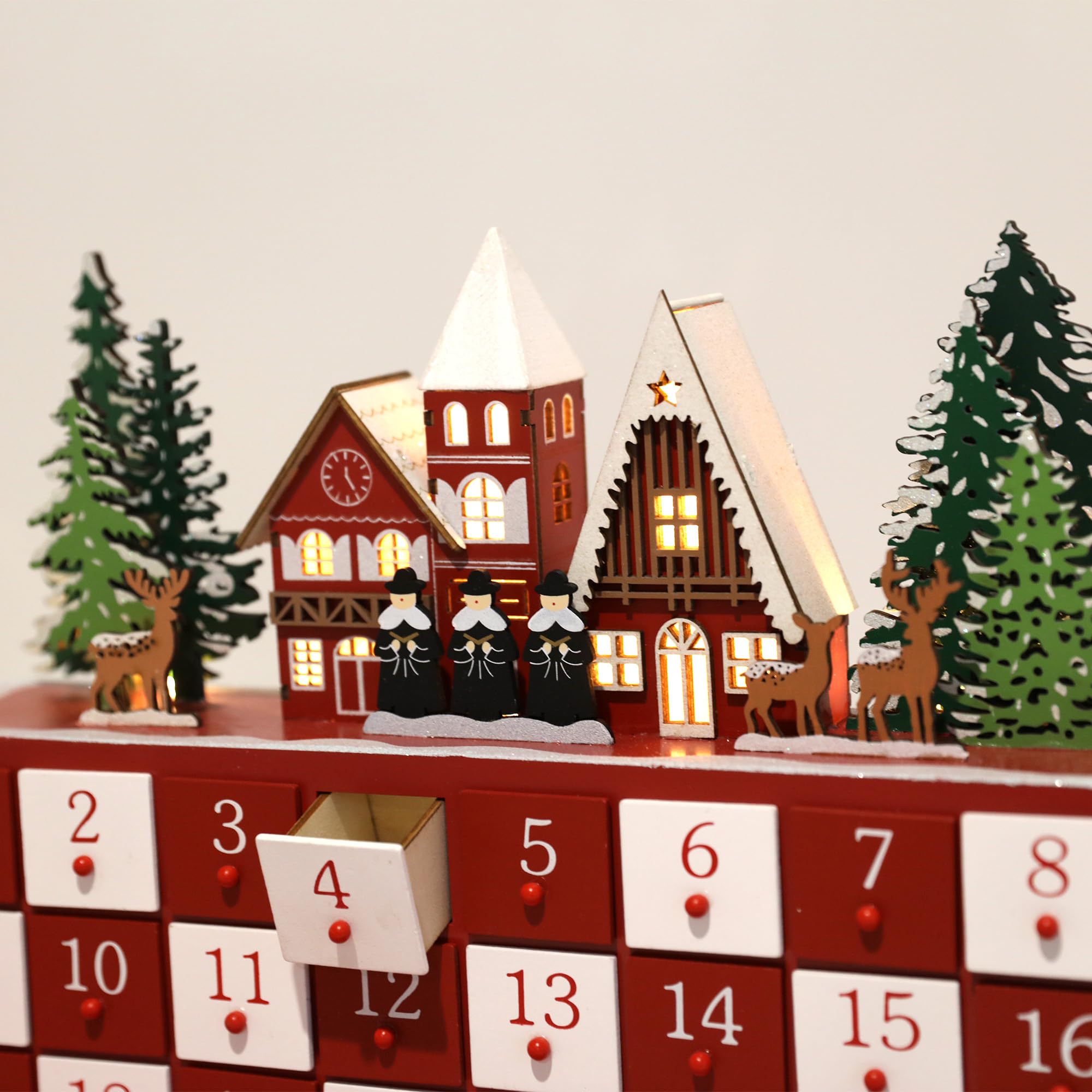 PE Handgefertigter Holz Adventskalender mit 24 Schubladen - Beleuchteter Weihnachtskalender mit Dorf Szene - Weihnachtsdeko zum Befüllen 37,5 x 8 x 27,3 cm