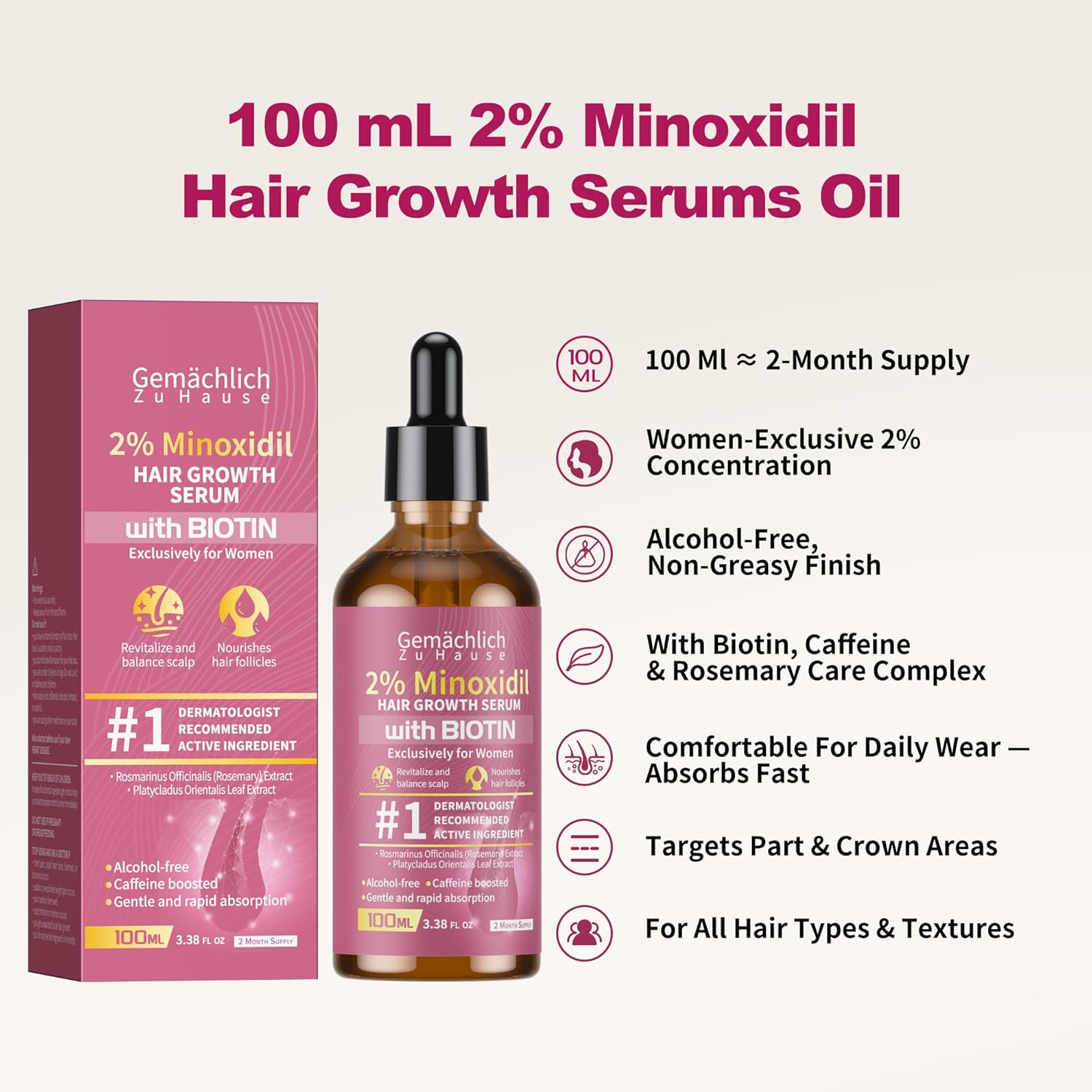 Minoxidil for Women Hair Growth with Biotin, 100ML Topical Minoxidil Serum with Rosemary for Hair Regrowth Treatments, Non-Greasy, Helps Prevent Hair Thinning & Hair Loss Solution - Image 2