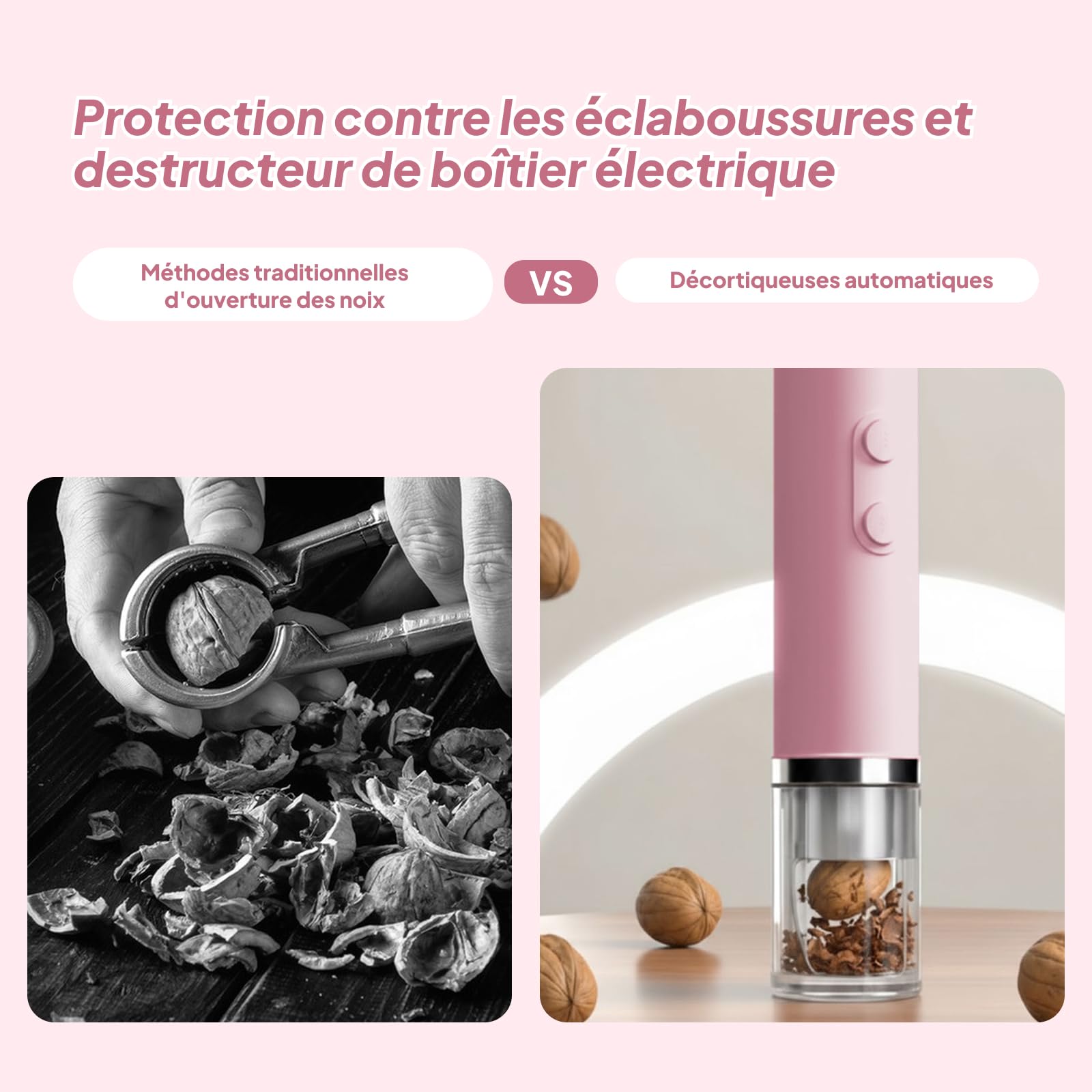 LOVIVER Casse-Noix Électrique Rechargeable, Décortiqueur de Noix, Ouvre-Noix portable, Ustensile de Cuisine Polyvalent, Coque Anti-Éclaboussures, Casse-Noix pour Noix de Pécan et Pignons de Pin, Rose