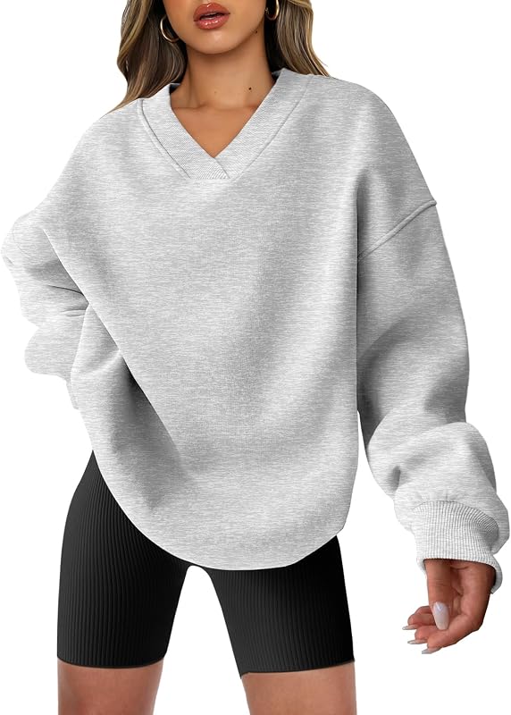 ANRABESS Women Oversized V Neck Fleece Fall Sweatshirts,Light Gray,L