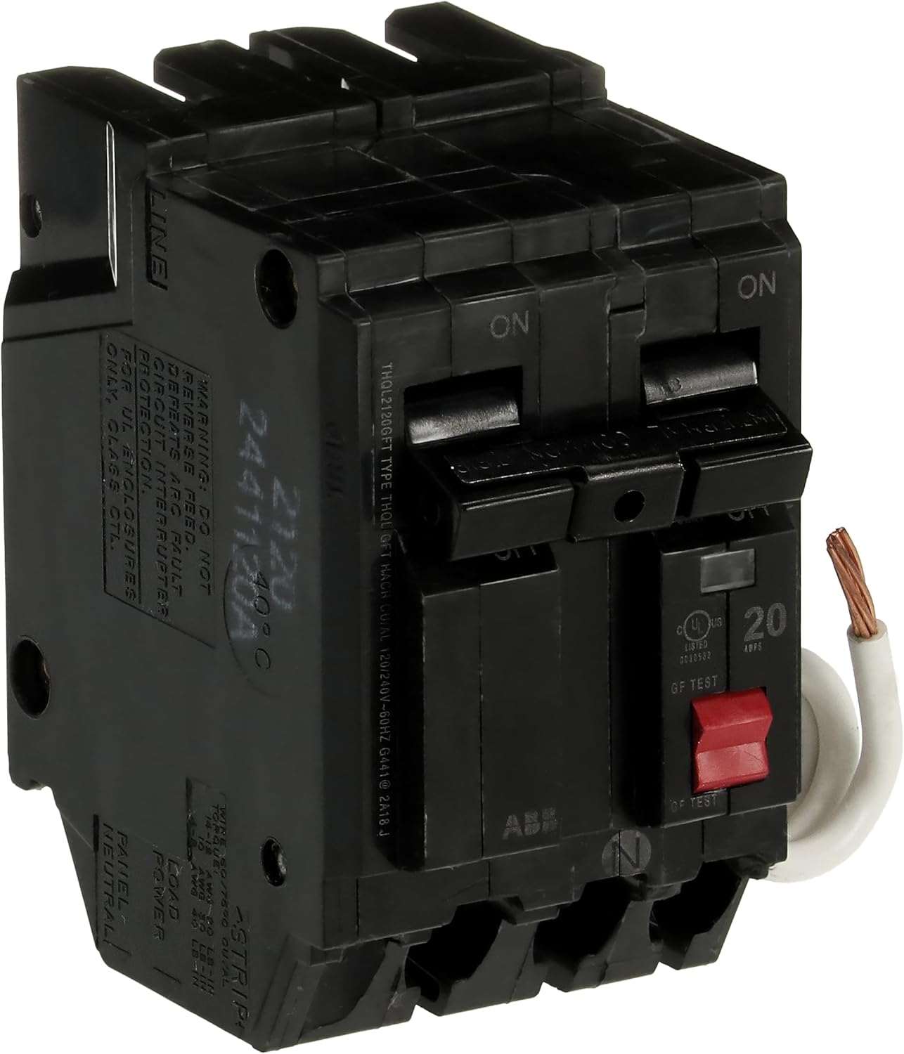 ABB Q-Line® THQL2120GFT 20A Double Pole Circuit Breaker • 20 Amp Double Pole Ground Fault Breaker with Self-Test • 120/240 VAC 2-Pole GFCI Breaker • Ground Fault Circuit Interrupter