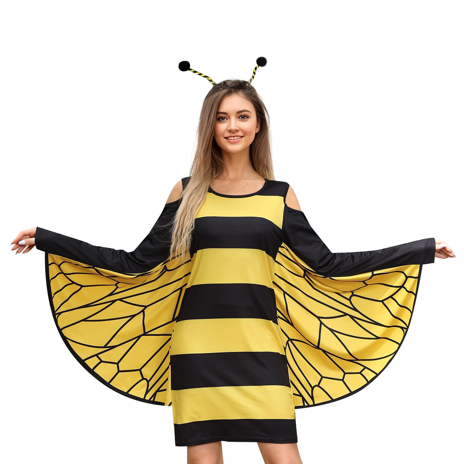 ESSECMBS 2PCS Women Halloween Ladybug Costume Bumble Bee Cold Shoulder Long Sleeve Dress & Headband Set for Cosplay (Yellow, L)