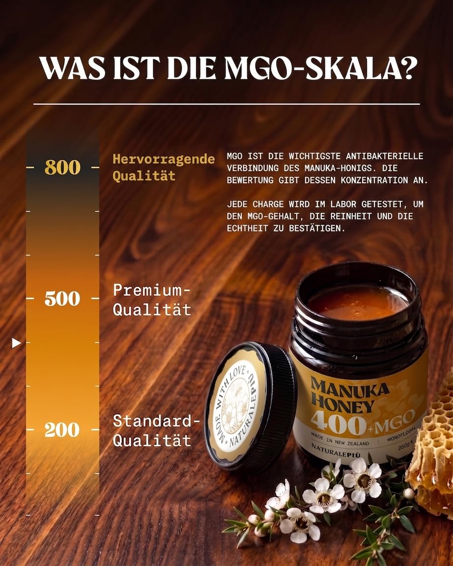 NaturalePiù Manuka Honig 400+MGO Laborgeprüft Neuseeland | 500g. Manuka-Honig aus Neuseeland, laborgeprüft auf Methylglyoxal, für Tee, Toast und Joghurt.