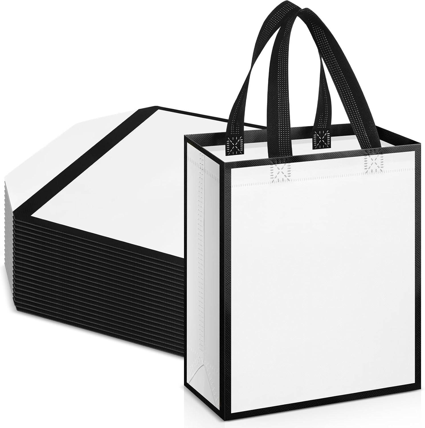 24 Pcs Reusable Gift Bags with Handles 10 x 8 x 4 Thank You Non Woven Tote Bag for Wedding Christmas(White Black)