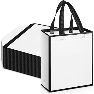Huhumy 24 Pcs Non Woven Gift Bags with Handles Reusable, White Black | 10x8x4 Tote Bag for Wedding Christmas Party, Thank You Print, Eco Friendly Shopping Bulk, Small Reusable Goodies