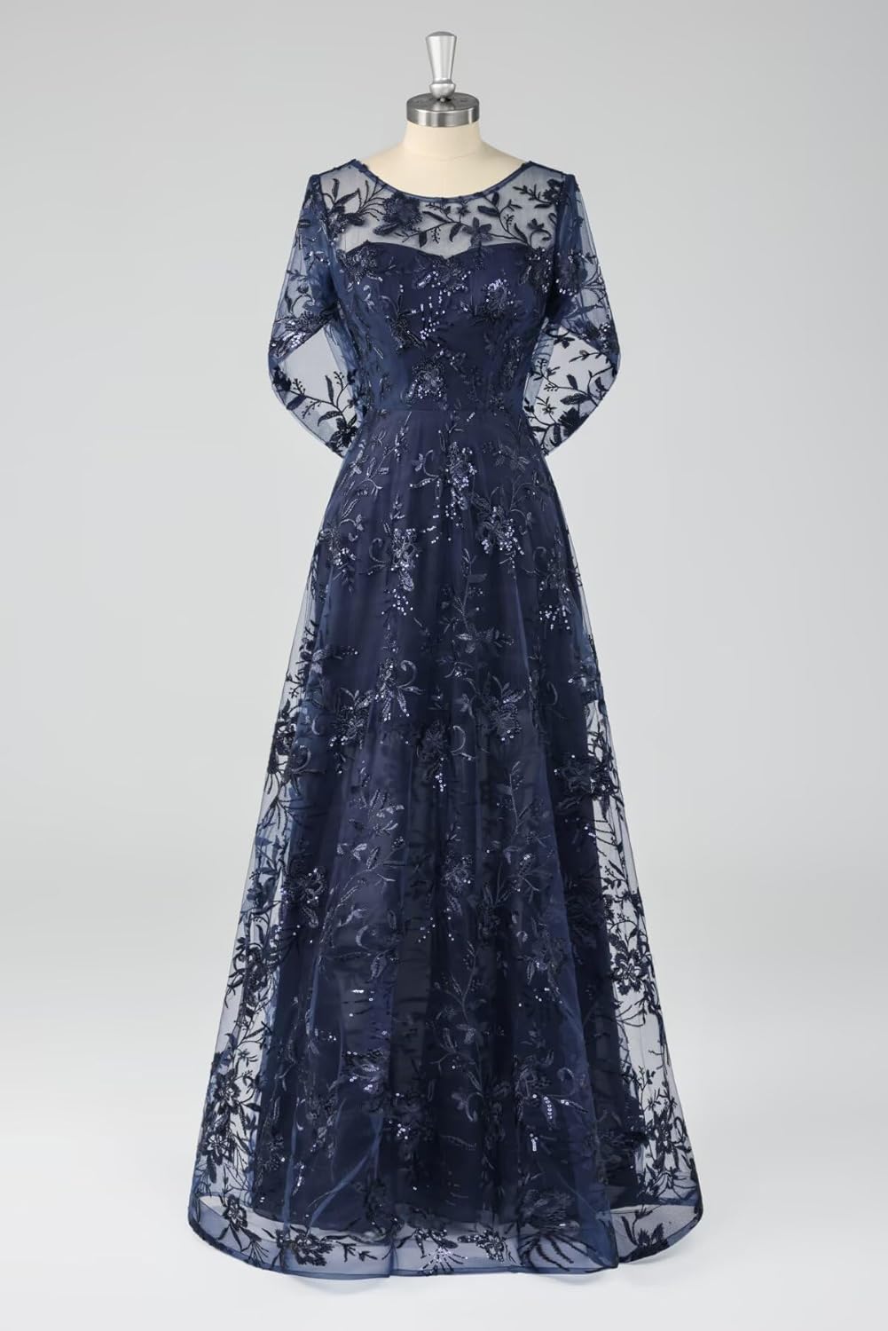 A-Line Mother of The Bride Dresses with 3/4 Sleeves Lace Appliques Tulle Long Formal Evening Gowns