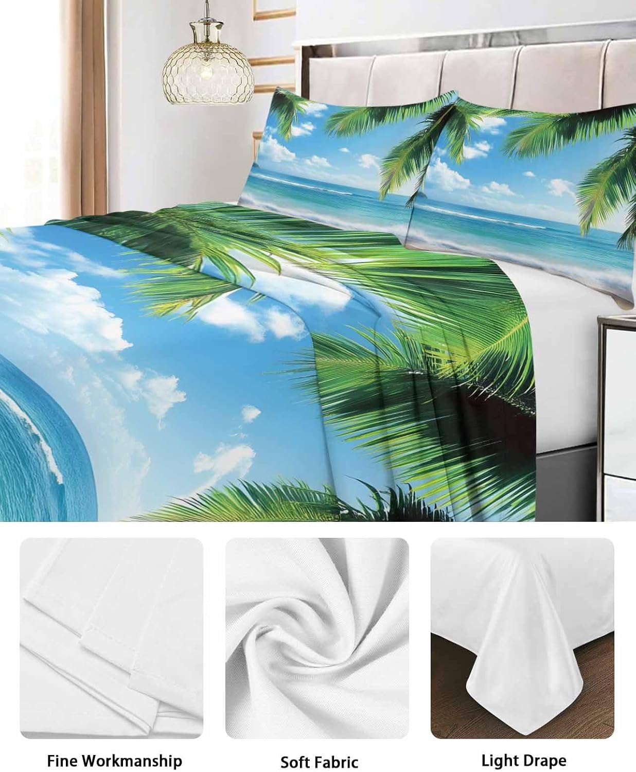 Full Top Sheets Easy Care, Blue Ocean Beach Sea Water Super Soft Bed Sheets, Summer Tropical Leaves Hotel Luxury Bedding Flat Sheet for Women/Men/Kids