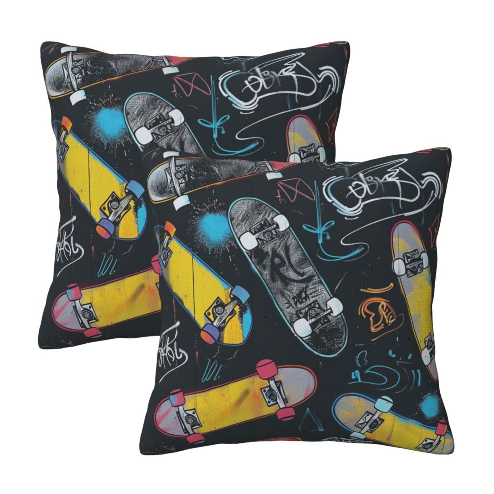 Graffiti Skateboard Throw Pillow Cases 2 Pack Square Pillowcases Soft Pillow Protectors for Couch Livingroom Sofa Bed Office Car,45x45 CM