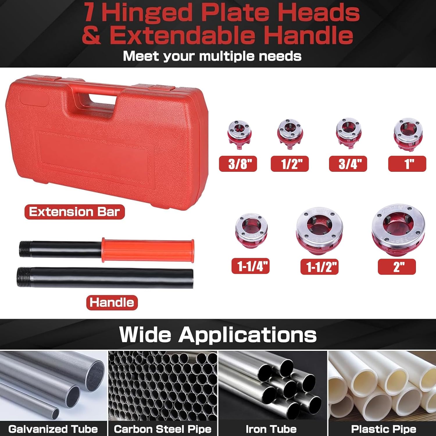 Pipe Threader Ratchet Kit, 7 Dies (3/8” to 2”), Manual Handheld Threading Tool with Ratchet Head, Extension Bars, and Carrying Case for BSPT Pipe Threading