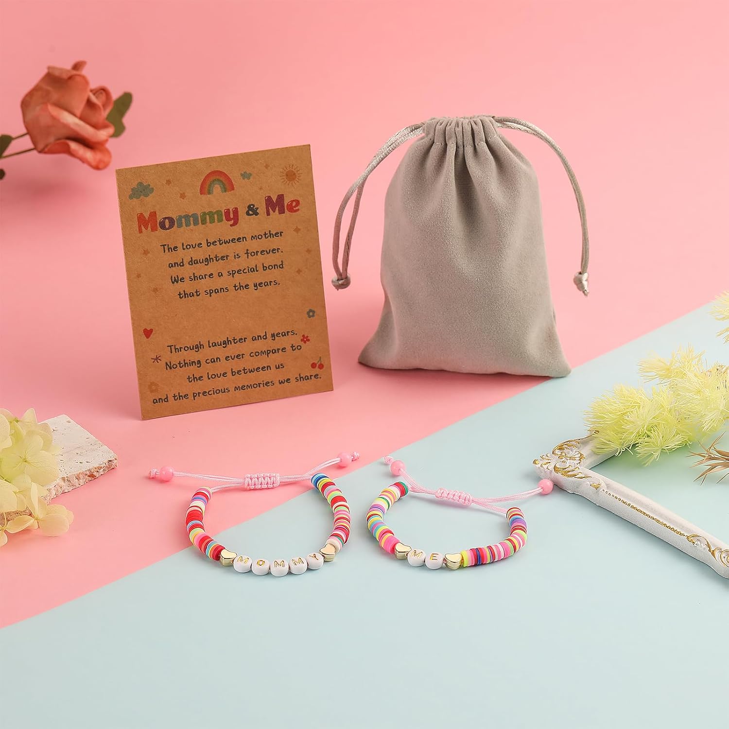 Mom Daughter Gifts, 2ps Matching Beaded Heart Bracelets Jewelry for Mother Daughter/Mommy and Me/Mama Mini - Image 5