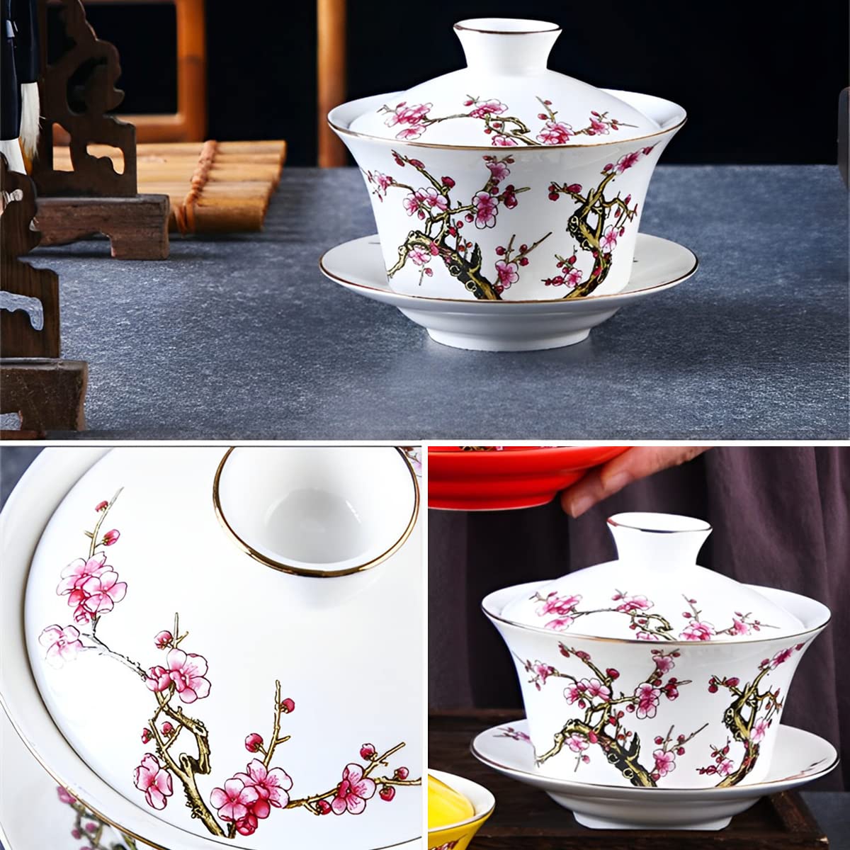 Gaiwan 300ml, Chinesische Teetasse mit Deckel, Traditionelle Porzellan Teebecher mit Reliefmuster für Pflaume, Weiß