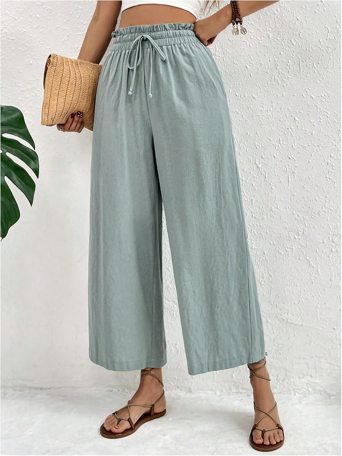 WDIRARA Women's Ruffle Trim Cropped Pants Drawstring High Waist Vacation Trousers with Pockets - Image 3