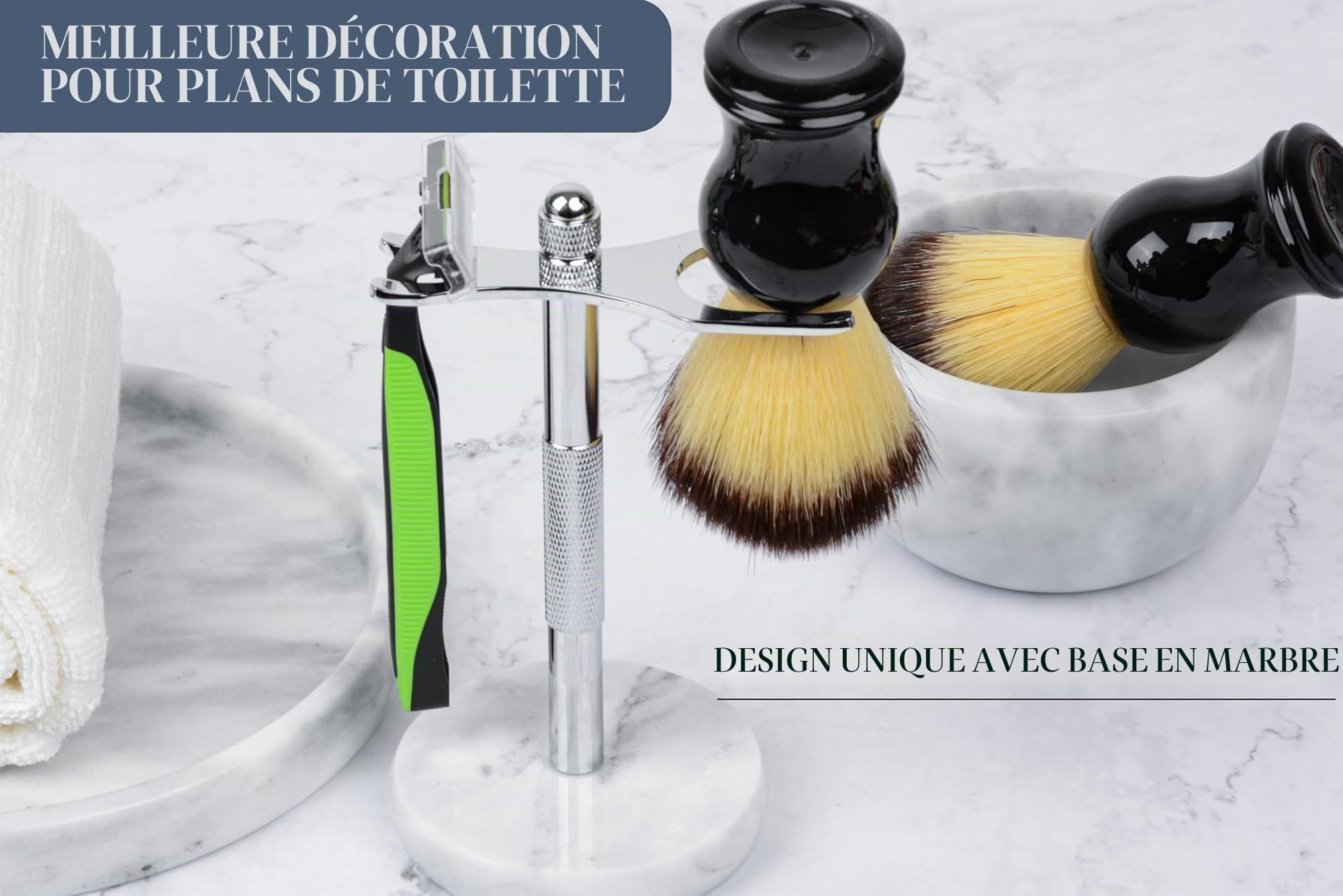 Support pour rasoir et brosse, le support de rasoir avec base en marbre est plus stable, la base ne rouille pas et la distance de protection ajustée protège votre plan de travail, un cadeau