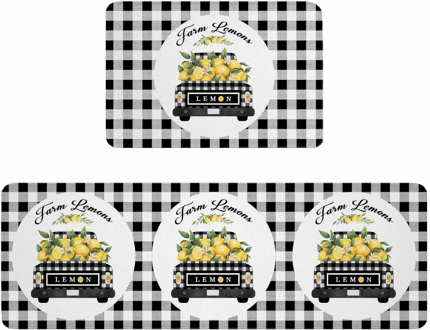 Summer Lemon Kitchen Rugs and Mats Set of 2, Non-Slip Kitchen Sink Mat, Watercolor Truck Yellow Fruits Black Plaid Washable Doormat Bathroom Rugs Runner for Bedroom/Living Room 19.7"x31.5"+19.7"x47.2"