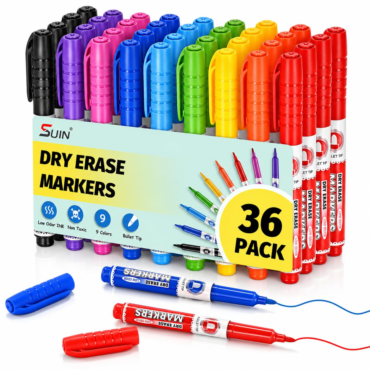 SUIN 9 Colours Low-Odour Whiteboard Markers - Medium Bullet Tip Whiteboard Pens for Office, School, Home (Pack of 36)
