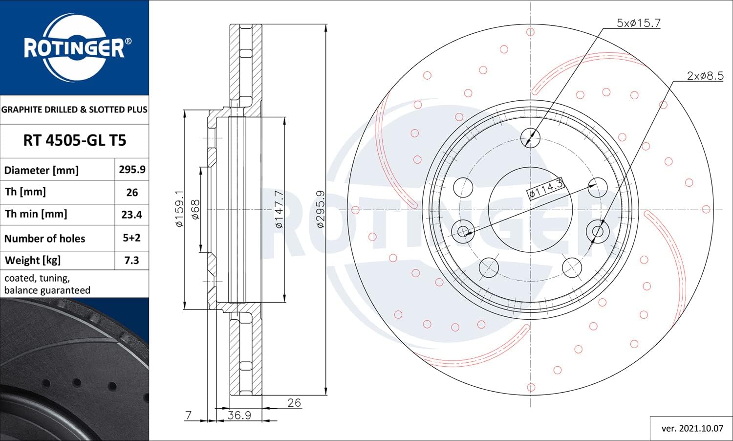 Technical diagram of the ROTINGER RT 4505-GL T5 brake disc rotor with detailed dimensions and specifications.