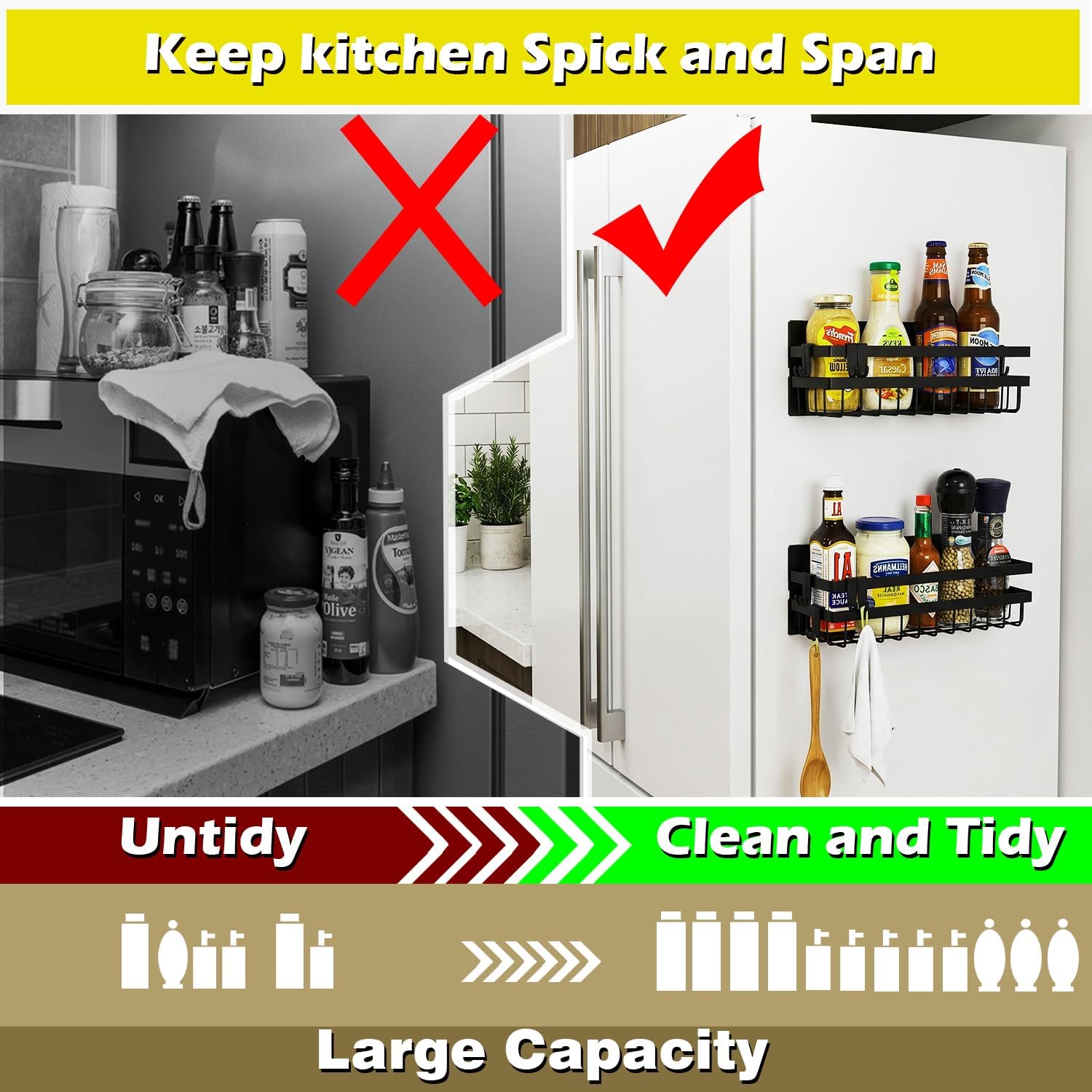 Magnetic Spice Rack Organizer for Refrigerator, Pack of 2, Fridge Organizer Shelf, Refrigerator Organizers and Storage, Multi Use Kitchen Magnetic Shelf,11.8″x4.5″x4.3″,Black