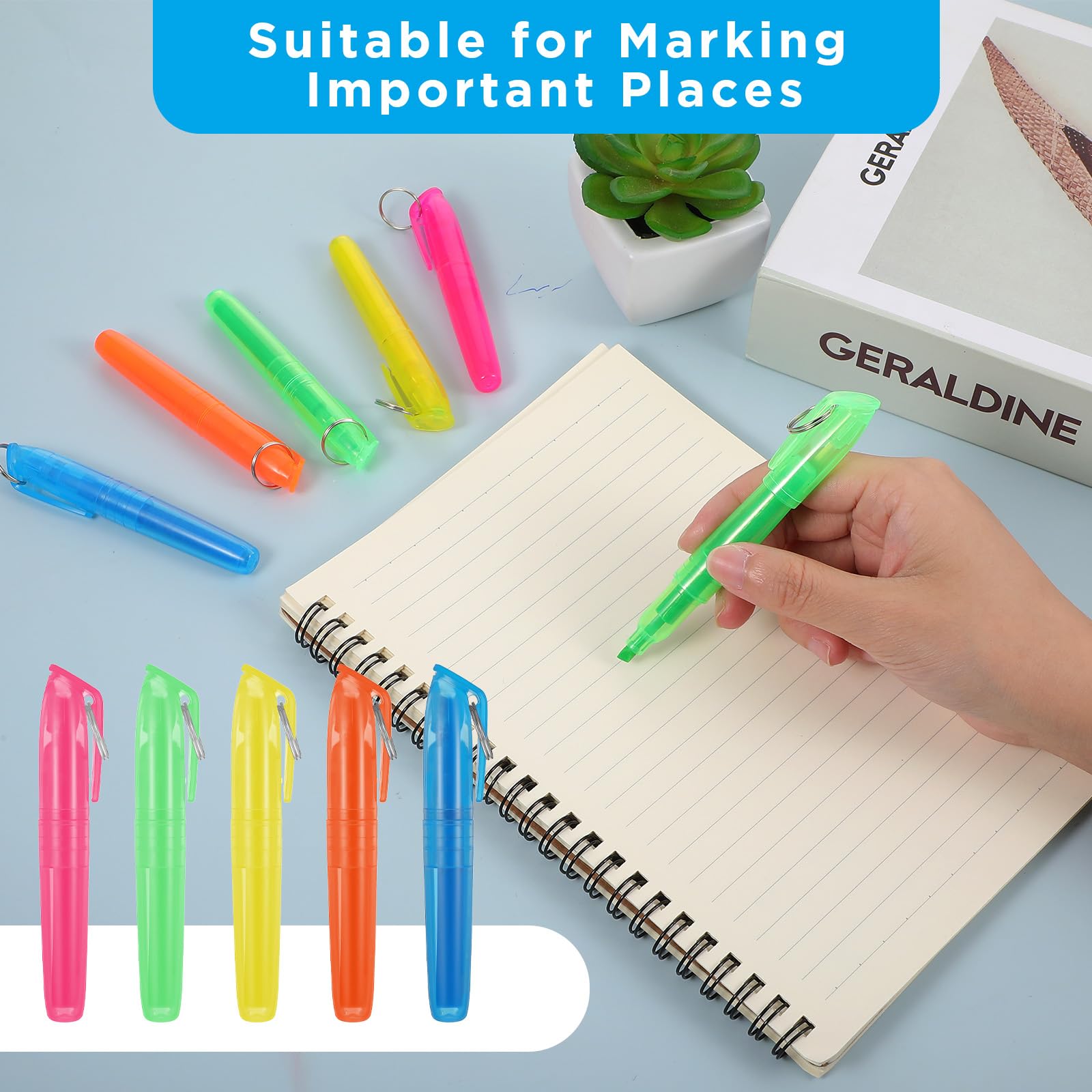 Mini-Textmarker mit Schlüsselanhänger, 5 lebendige Farben (Blau, Grün, Gelb, Orange, Rosa), kompakt, schnell trocknend und tragbar, für Lernen, Büro und Zuhause, 120 Stück