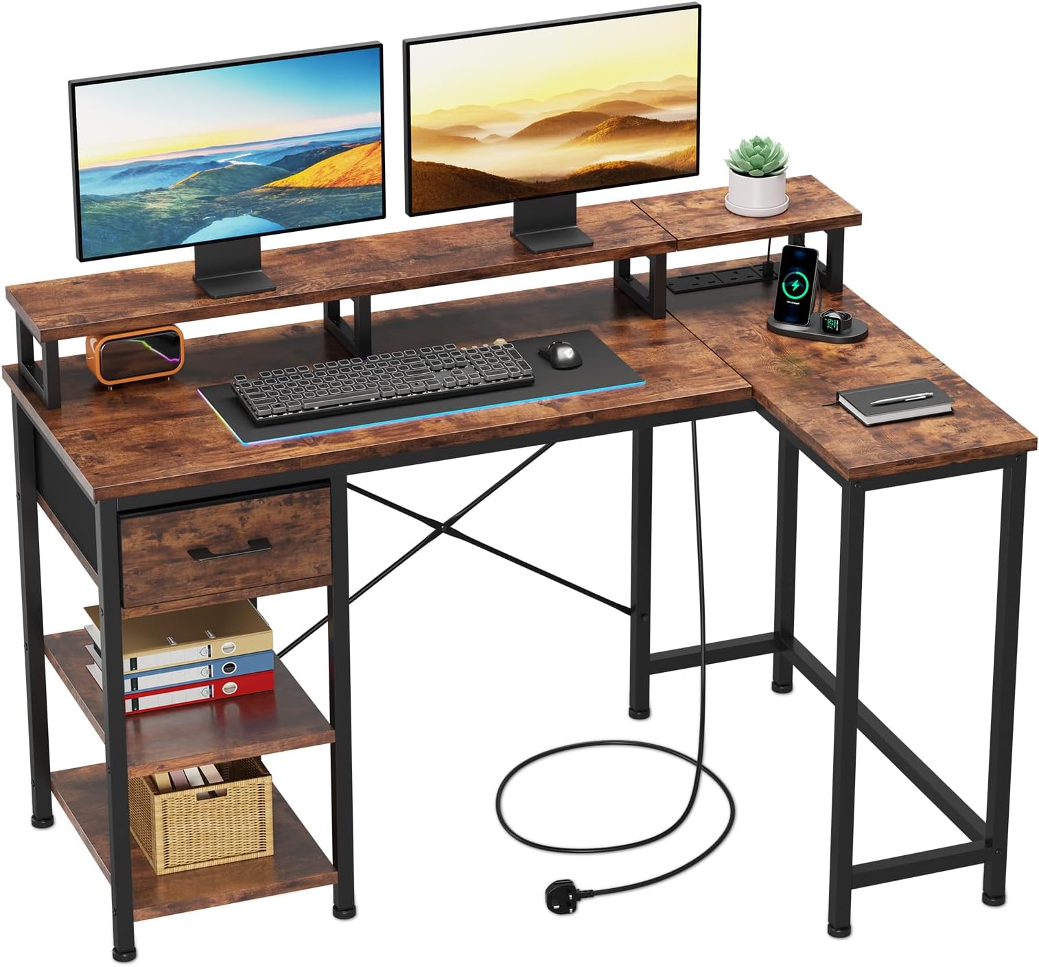 – Dripex L Shaped Desk with Power Outlet Corner Computer Desk with Storage Shelves & Fabric Drawer, Study Writing Table Gaming Desk for Home Office L120xW80xH88cm