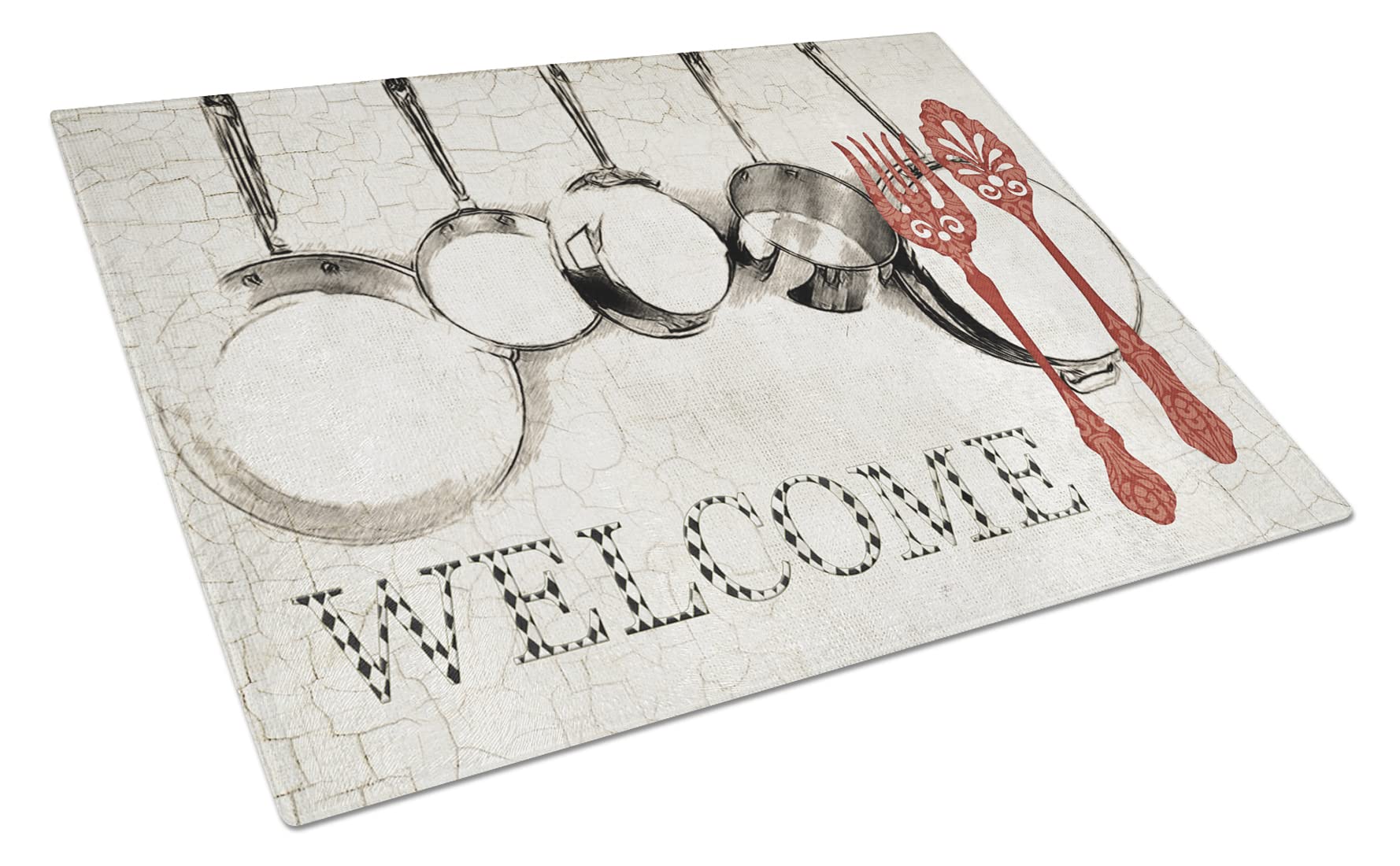 Caroline's Treasures SB3087LCB Pots and Pans Welcome Glass Cutting Board, Large, Multicolor