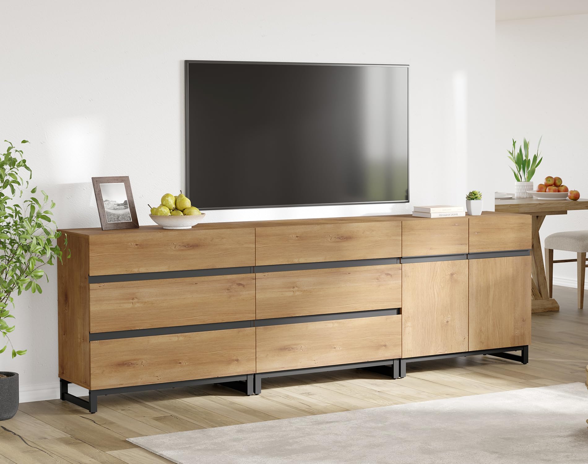 Condition photo showing Good Condition for WAMPAT Modern TV Stand for TVs up to 100 inch, 3 in 1 TV Console with Adjustable Shelf and 6 Drawers, Media Console for Living Room,Bedroom,Oak