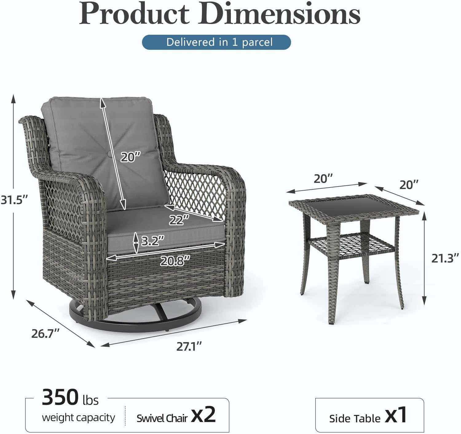 Patio Bistro Sets 3 Pieces with 360° Swivel Chairs Set of 2 - Outdoor Patio Furniture Set with PE Wicker Chairs and Side Table, Patio Conversation Sets for Porch, Garden, Balcony, Light Gray