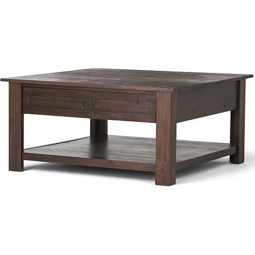 SIMPLIHOME Monroe Square Coffee Table - 38" Wide x 19" High Solid Acacia Wood Living Room Table in Distressed Charcoal Brown, Rustic Cocktail Table for Family Room with 2 Drawers and Open Shelf