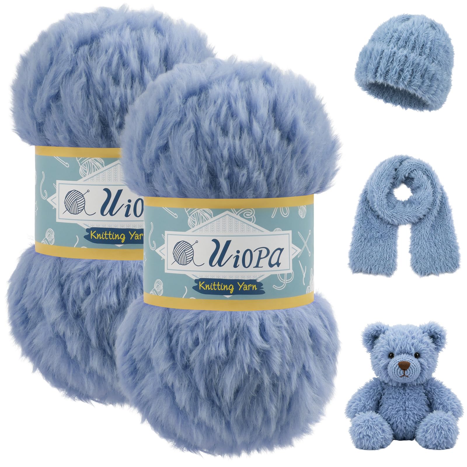 Uiopa Grey-Blue Faux Fur Yarn, 2 x 100g (2 x 56m) Polyester Fluffy Yarn for Crochet, Plush Knitting Wool Chunky Fluffy Wool for Scarves Hats Shawls Amigurumi DIY Crafts