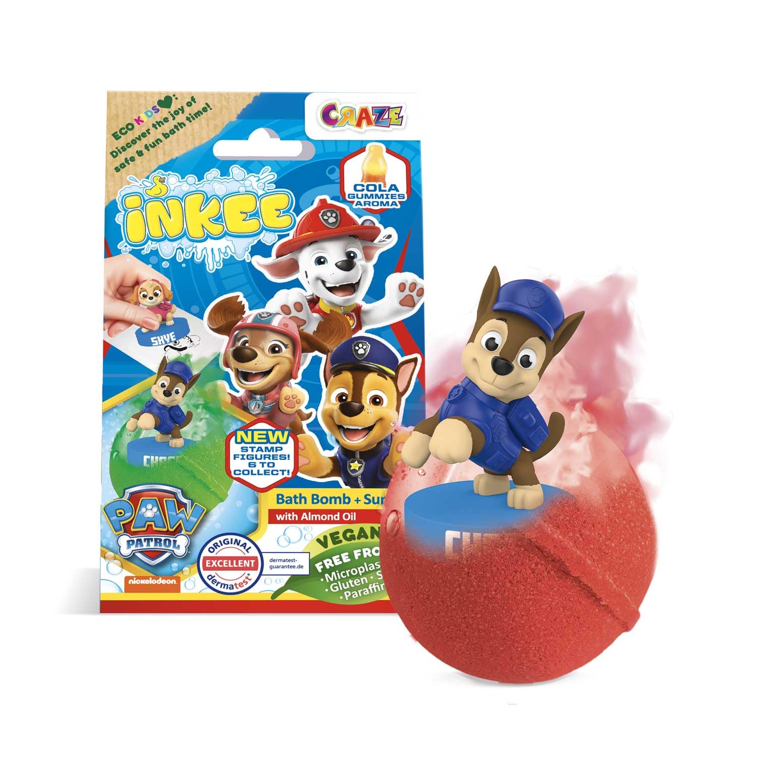 INKEE SURPRISE PAW PATROL, Badebombe Kinder mit Überraschung, Badekugel 80g mit Paw Patrol Stempel, Cola-Gummi Duft, Schaum-Effekt
