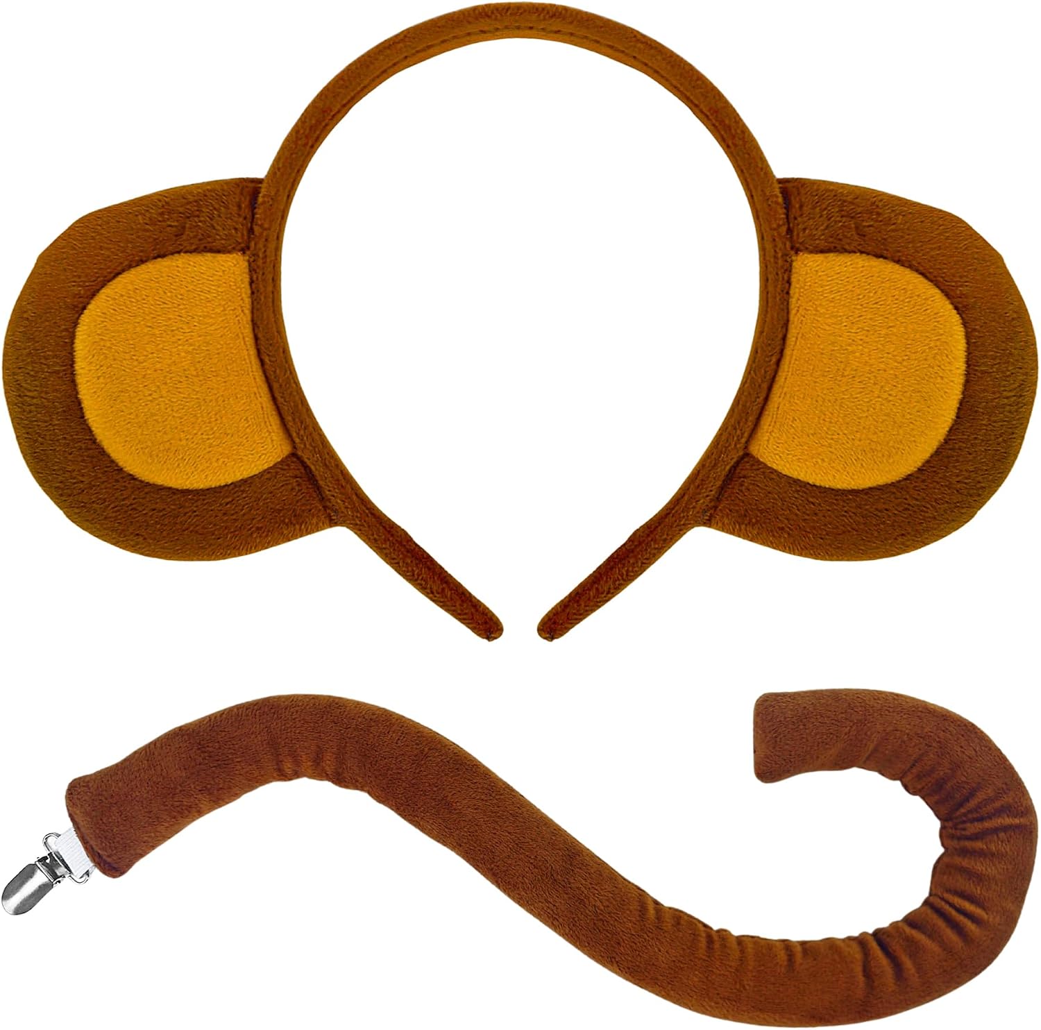 Monkey Ears Headband and Tail, Monkey Costume Accessories World Book Day Costume for Adults Men Women for Halloween Cosplay Book Character Dress-Up Brown