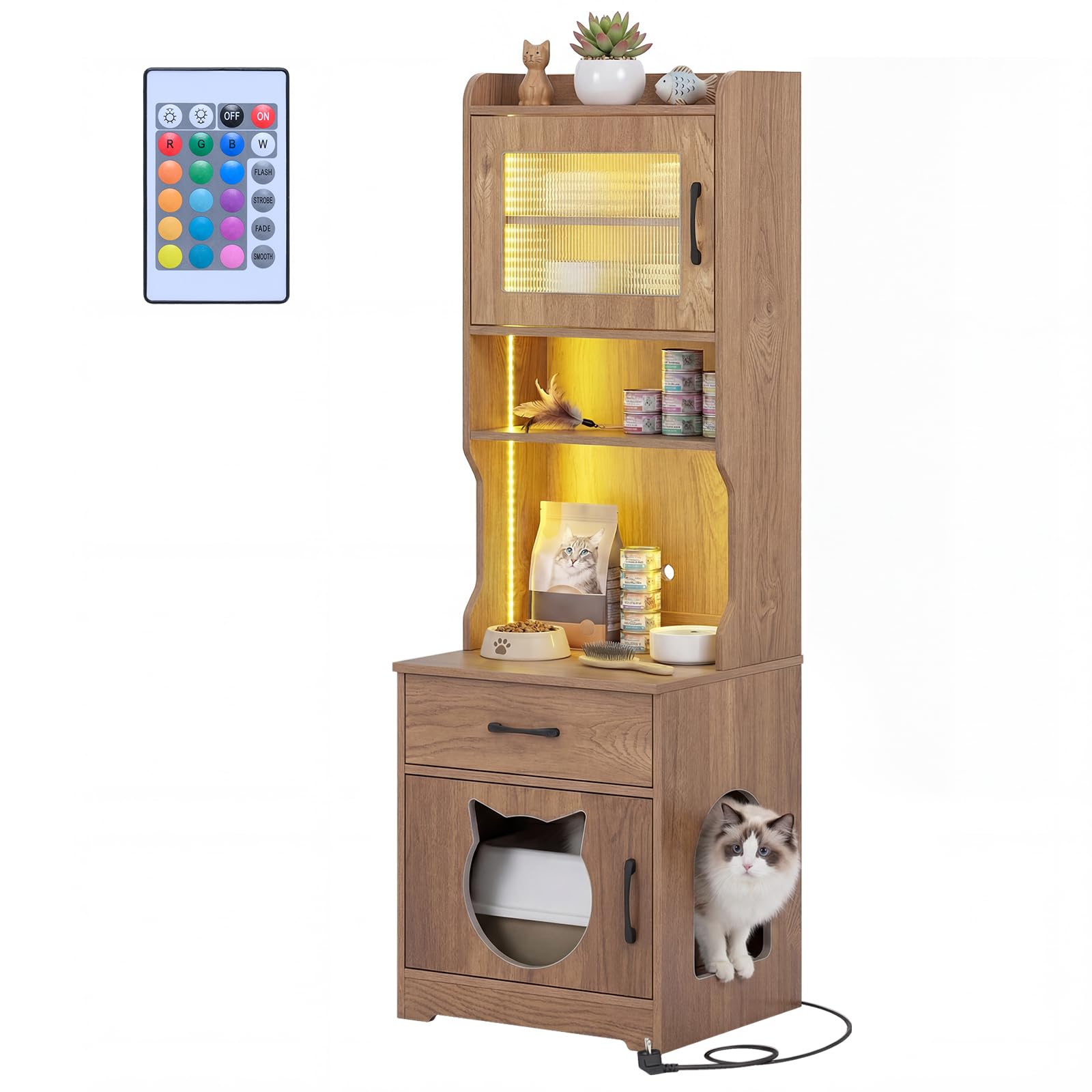 COSTWAY Mueble Arenero Gatos Alto con Luz LED, Armario Arenero para Gatos con Estantes, Estación de Carga, Cajón, 20 Modos de Luz, Control Remoto, Mueble Auxiliar para Gato, 50x45x152 cm (Natural)