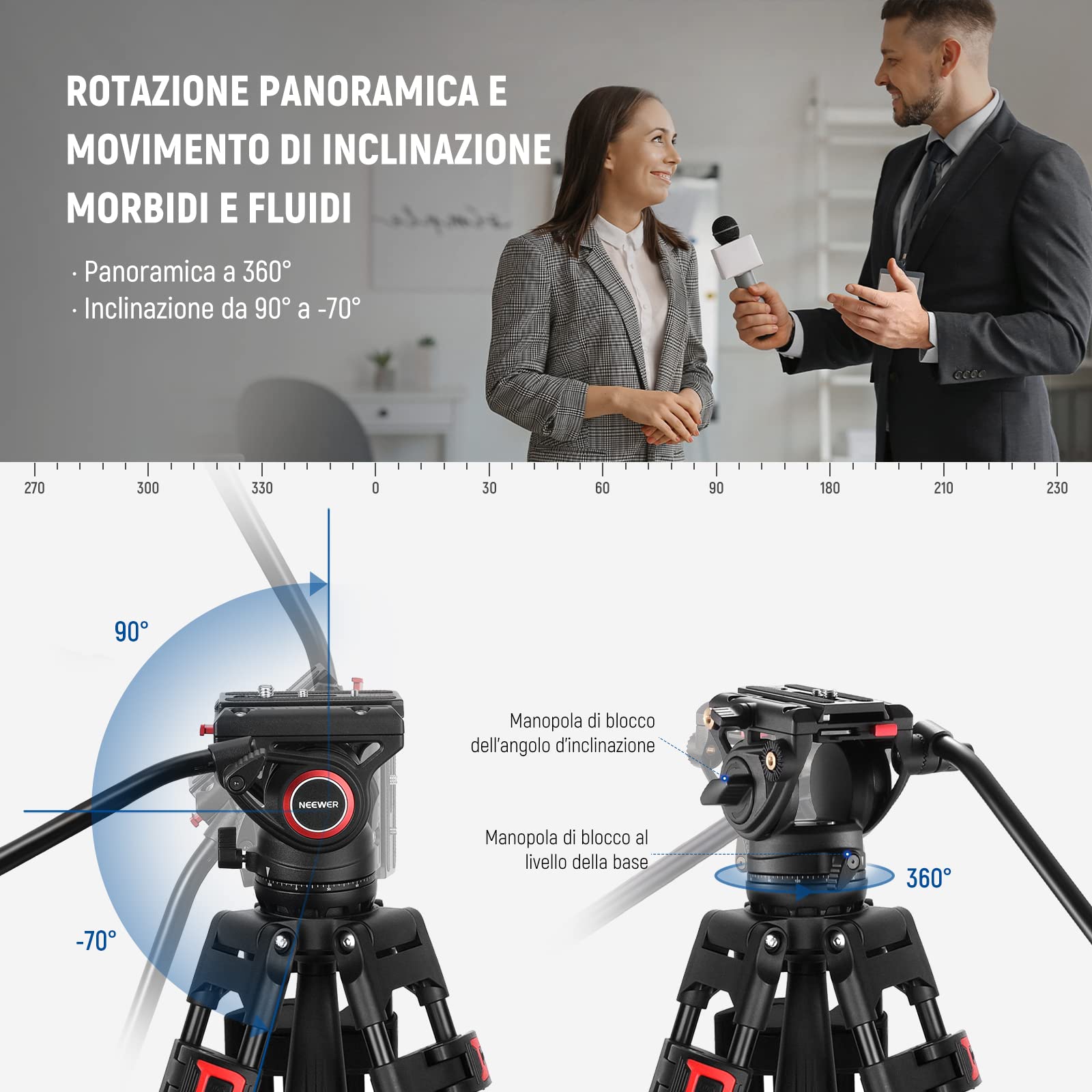 NEEWER Treppiede video da 74" con testa a fluido e controllo dell'attenuazione, in alluminio resistente, professionale, con piastra QR per videocamere DSLR, panno per la pulizia, carico massimo 17,6
