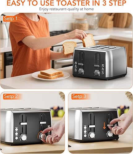 Miniatura 5 de Tostadora de 4 rebanadas, paneles de control dobles de 6 ajustes de sombra, tostadoras de ranura extra ancha con bandejas de migas extraíbles,