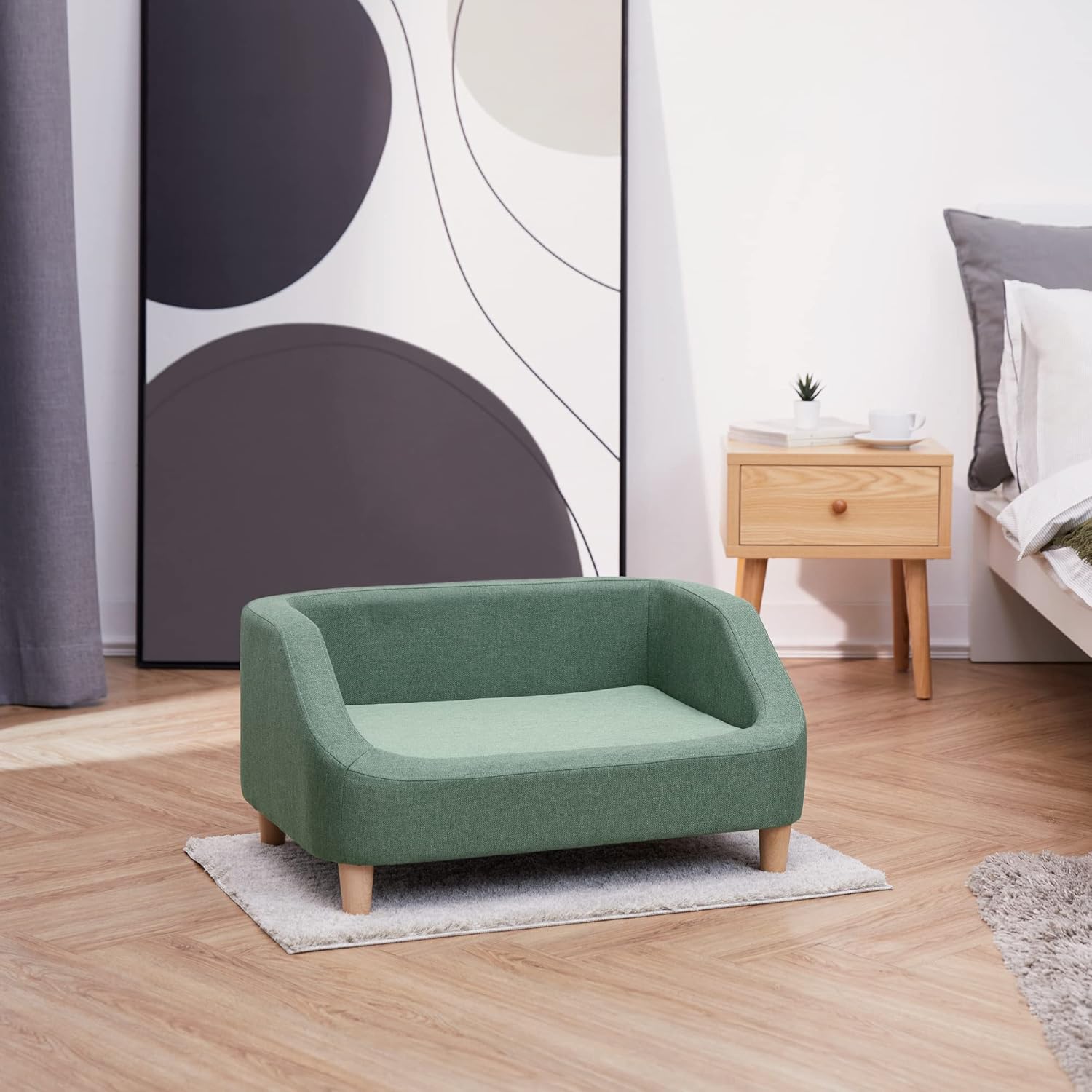 Teamson Pets Bennett 30 Inch Raised Heathered Linen Sofa Dog Daybed with Removable Cushion and Washable Cover for Cats & Small or Medium Dogs, Sea Green