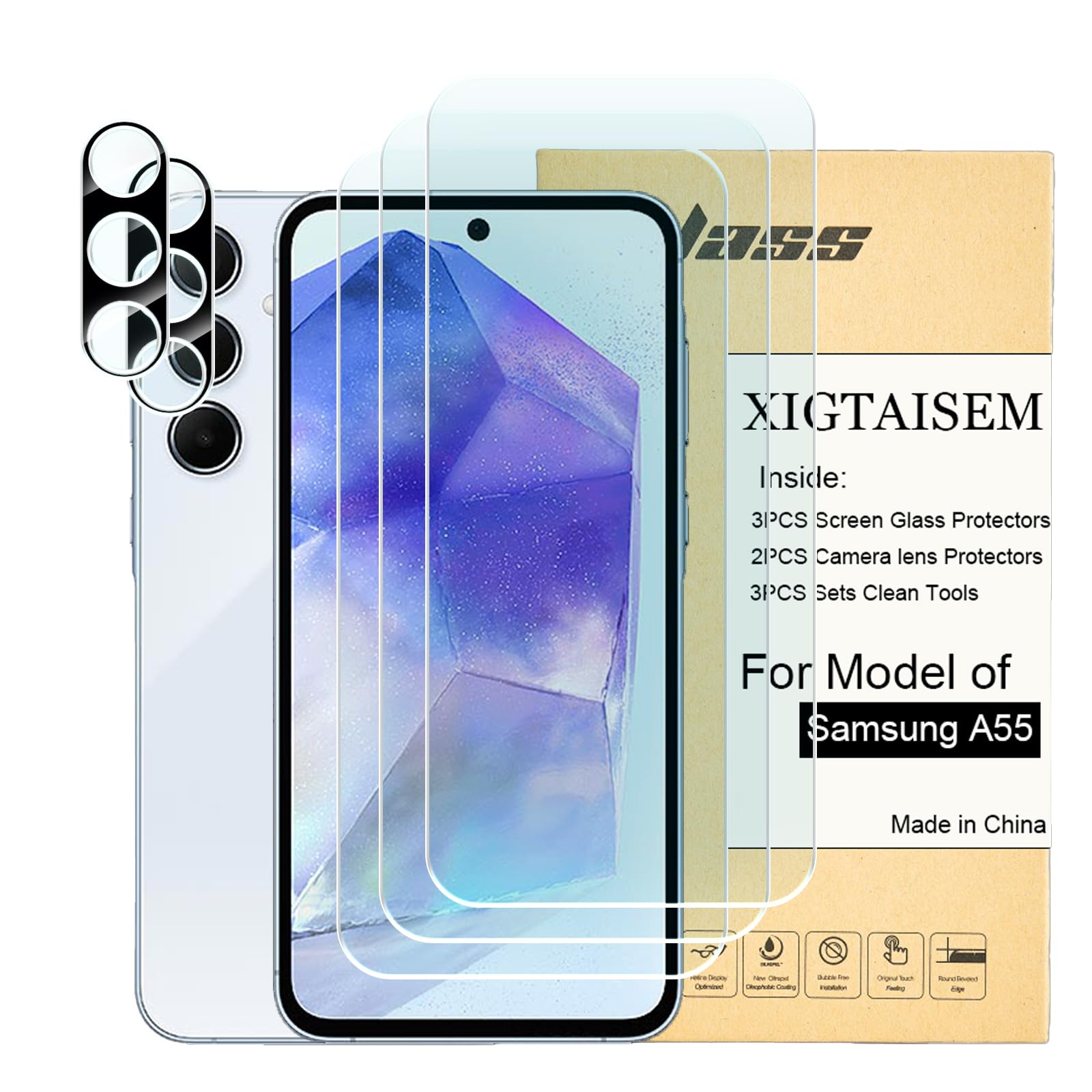 Paquete de 3 + 2 protectores de pantalla para Samsung A55, pantalla de 6.6 pulgadas, paquete de 3 protectores de pantalla y 2 protectores de lente de cámara, bordes curvados 2.5D, película