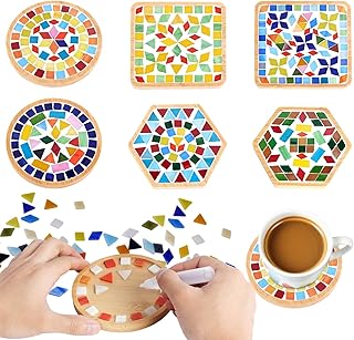 CaiyiDiyue 6 Sets DIY Glass Mosaic Tiles for Crafts，Mixed Color Mosaic Kits with Wooden Coaster for Adults Arts and Crafts Handmade Gifts Home Decor Birthday Christmas Gifts Materials Package