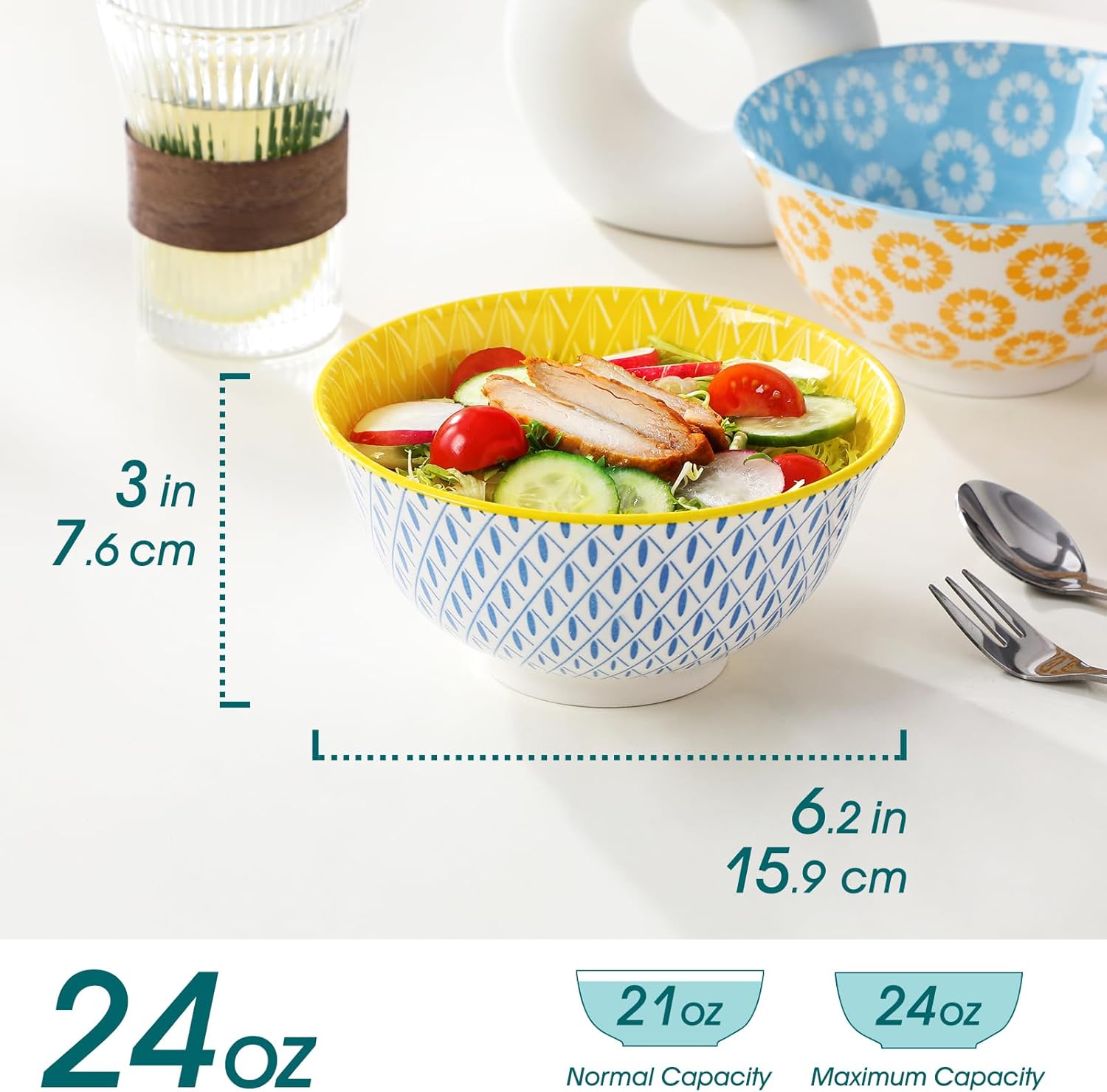 vancasso SELENE 24 oz Cereal Bowls set of 6, Ceramic Soup Bowls for Kitchen, Dishwasher & Microwave Oven Safe- for Cereal, Soup, Pasta, Salad, Pastel Floral Design Bowl Set