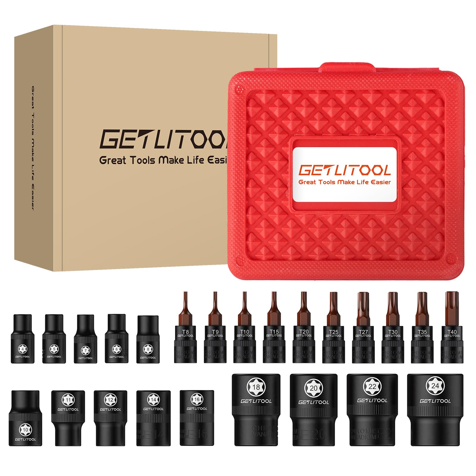 GETLITOOL Juego de 24 llaves de vaso E-Torx E-Torx de acero CR-V E4-E24 y T8-T40, llaves de estrella con grabado láser y caja organizadora para reparación de automóviles, mantenimiento mecánico