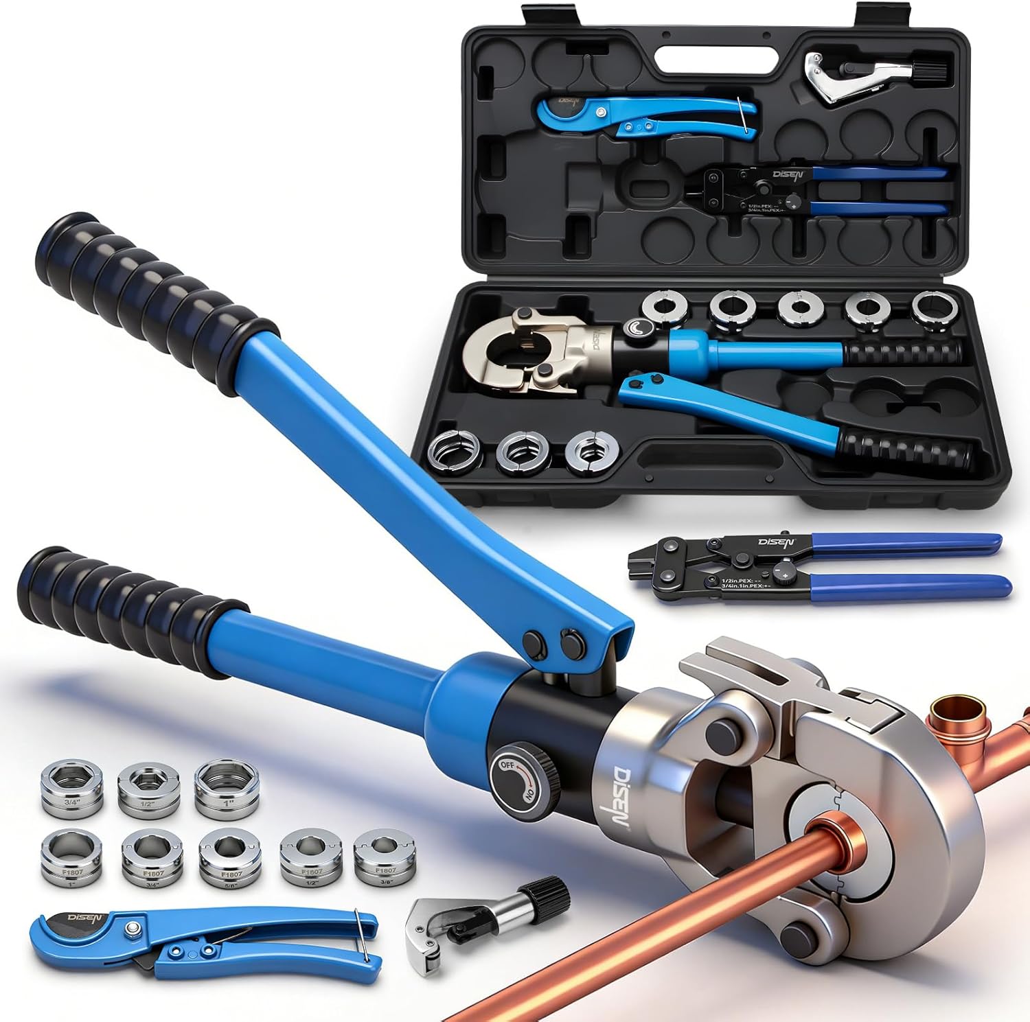 DISEN Hydraulic Copper Pipe Tube Fittings Crimping Tool with Copper Cutter, PEX Tubing Cutter and Copper Ring Removal Tool, Hydraulic Driven Press Tool with 8 Dies for Copper Pipe or PEX Pipe Crimp