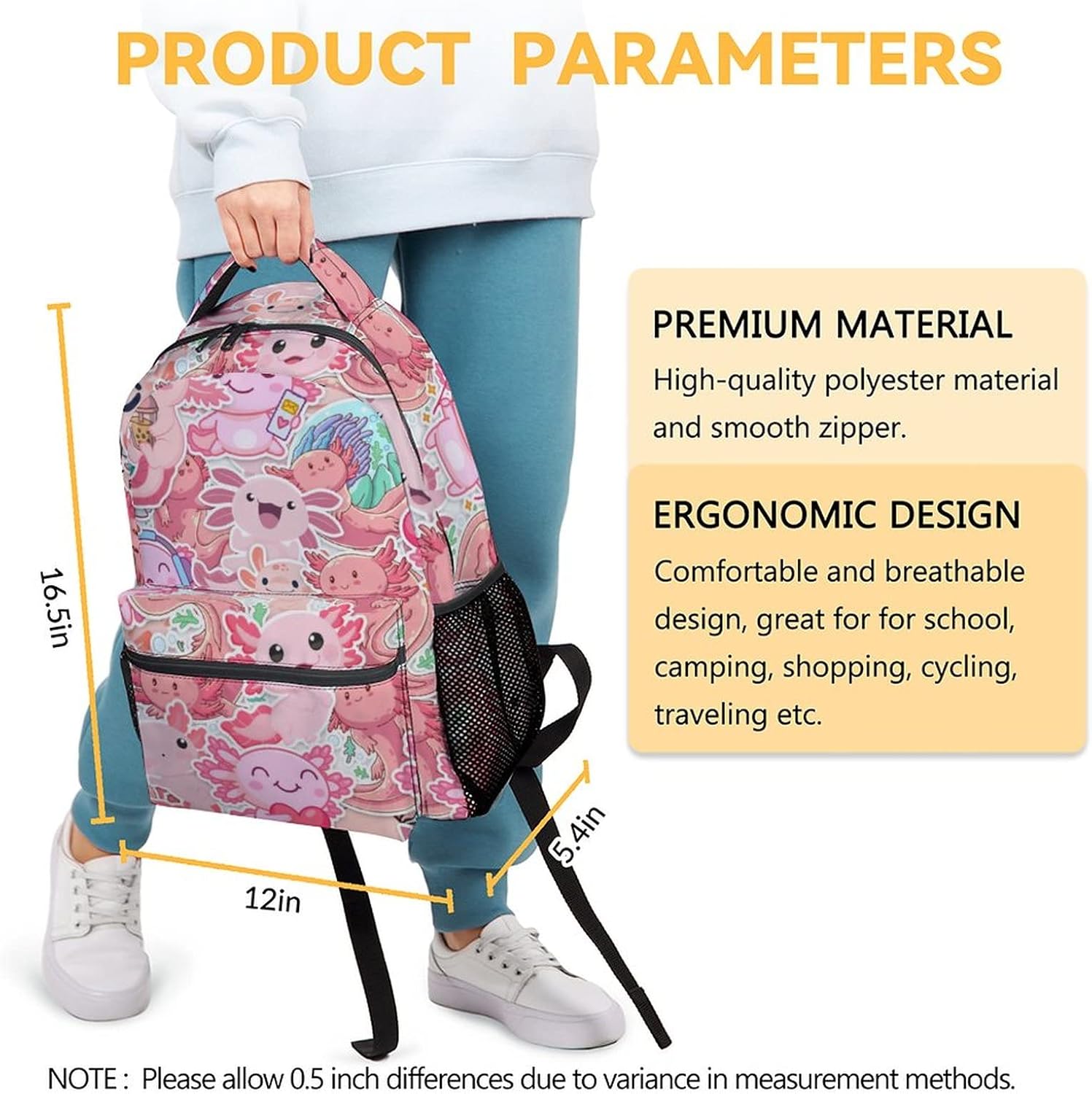 Axolotl Backpack for Girls Boys, 16 Inch Axolotl Theme Bookbag with Adjustable Straps, Durable, Lightweight