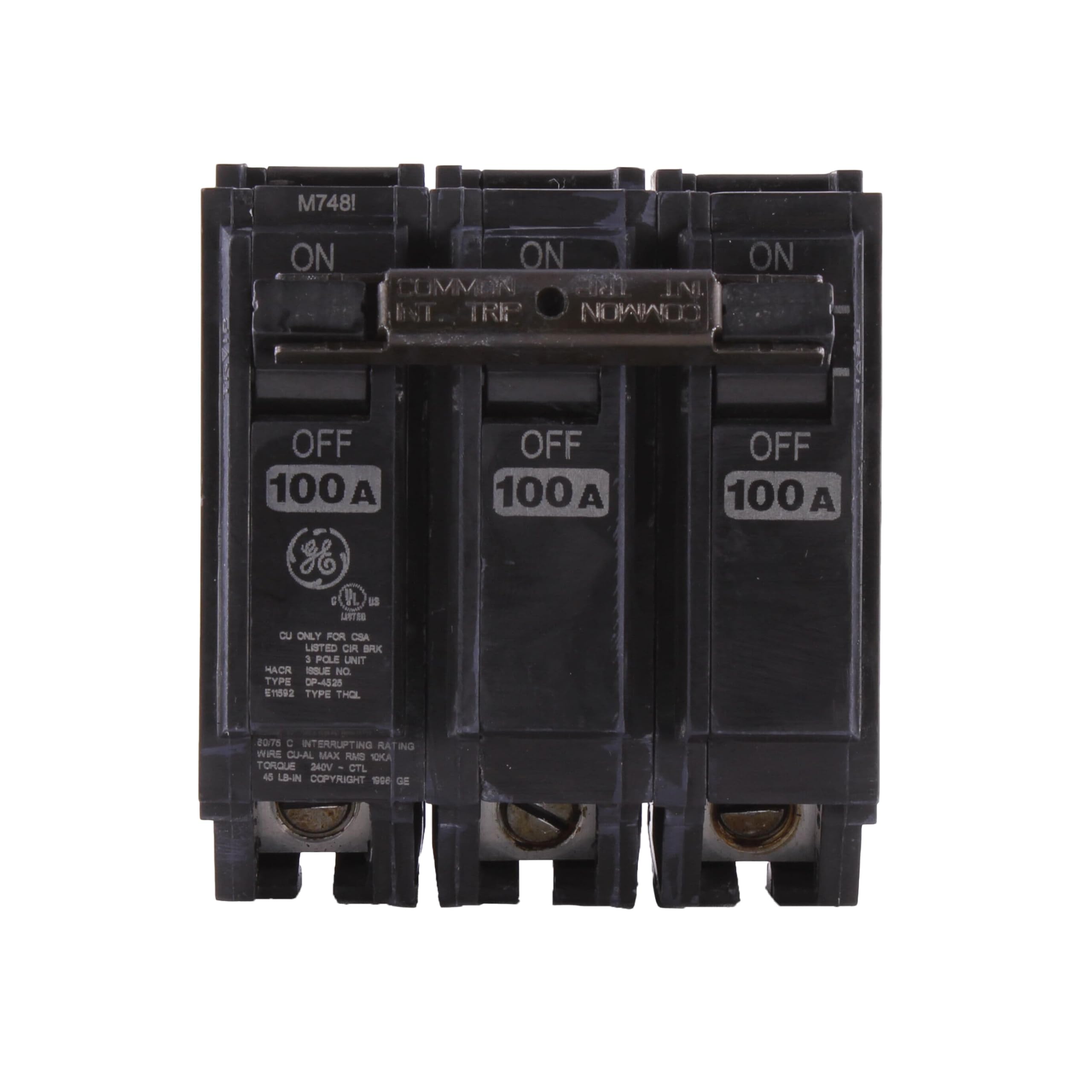 ABB Q-Line® THQL32100 Circuit Breaker • 100A/3-Pole Configuration • 120/240 VAC, 10 kAIC • Thermal Magnetic Trip • Quick-Make/Quick-Break Mechanism • Plug-in Mount