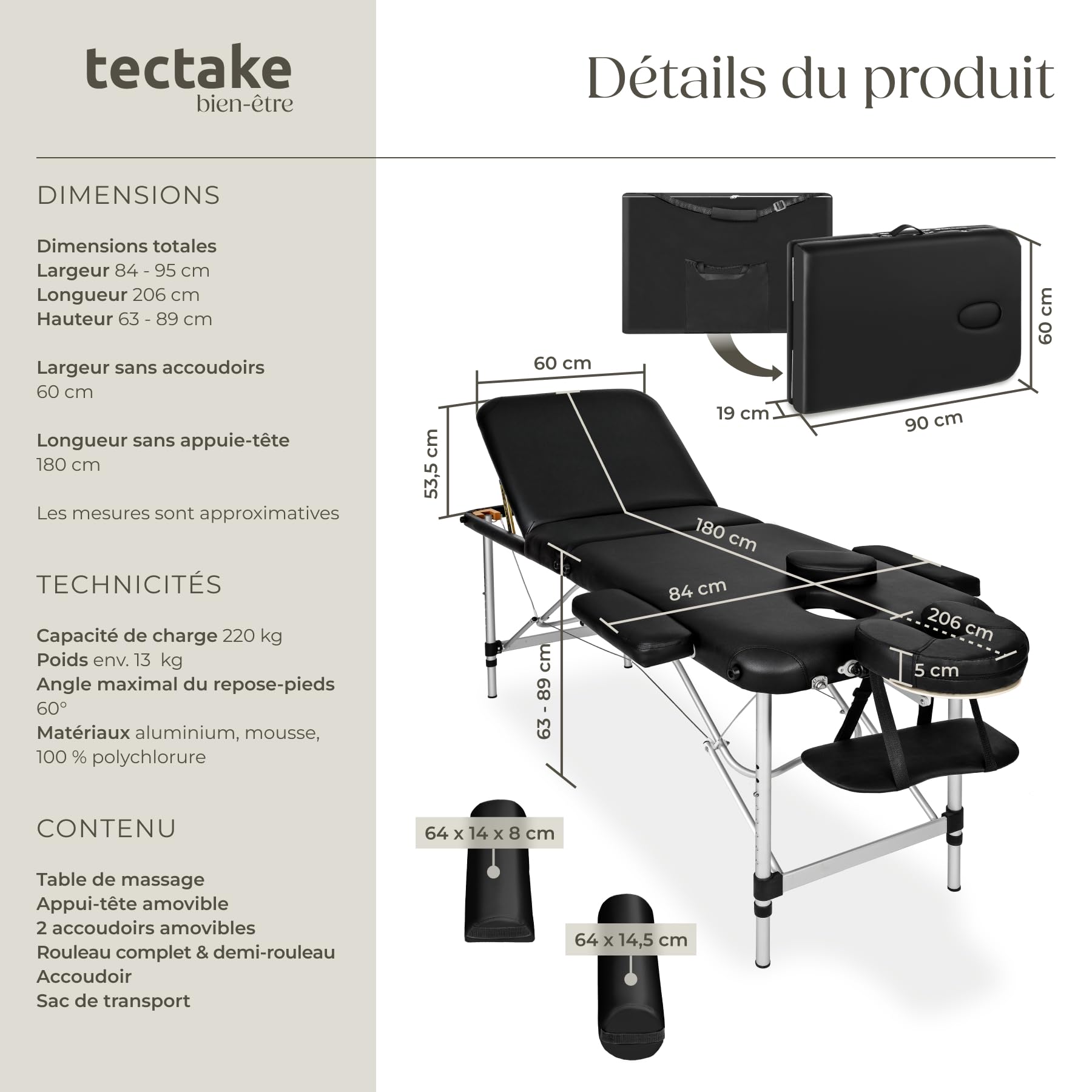 tectake® Table de Massage Pliante Professionnelle 3 Zones Cadre en Aluminium Table Esthetique Professionnel Lit de Massage Portable à roulettes, Accessoires Inclus