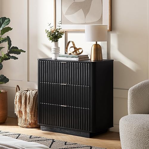 mopio Brooklyn 3-Drawer Dresser, Fluted Dresser for Bedroom, Child-Safe Interlocking Drawers, Modern Farmhouse Dresser (Black Oak, 31.5" W)