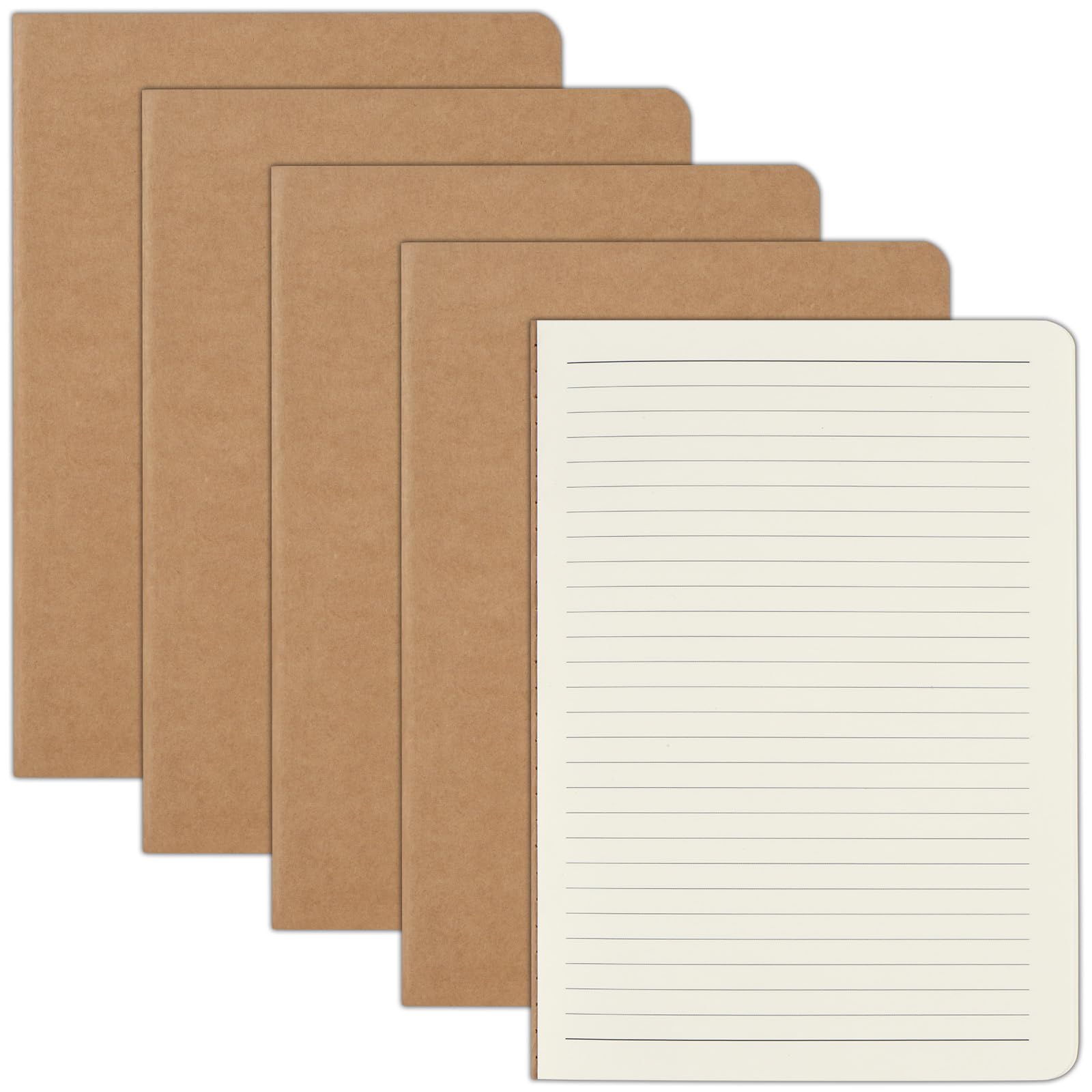 ZCZN A5 Notebook, 5 Pack Kraft Cover Lined Notebooks, 60 Pages Each, Ideal for Writing and Note-Taking