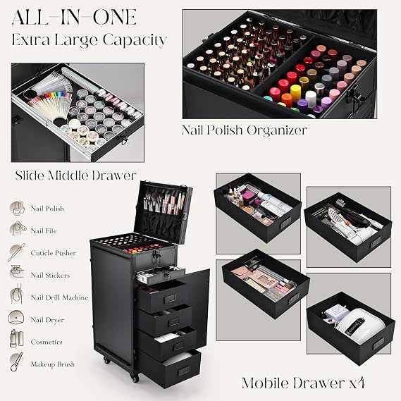 Professional Nail Desk Nail Table Manicure Table Art Table Makeup Case Salon Nail Technician Station with Nail Tech Supplies Beauty Trolley Makeup Trolley with 5 Drawers for Manicurist, Black