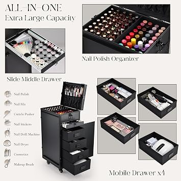 Professional Nail Desk Nail Table Manicure Table Art Table Makeup Case Salon Nail Technician Station with Nail Tech Supplies Beauty Trolley Makeup Trolley with 5 Drawers for Manicurist, Black