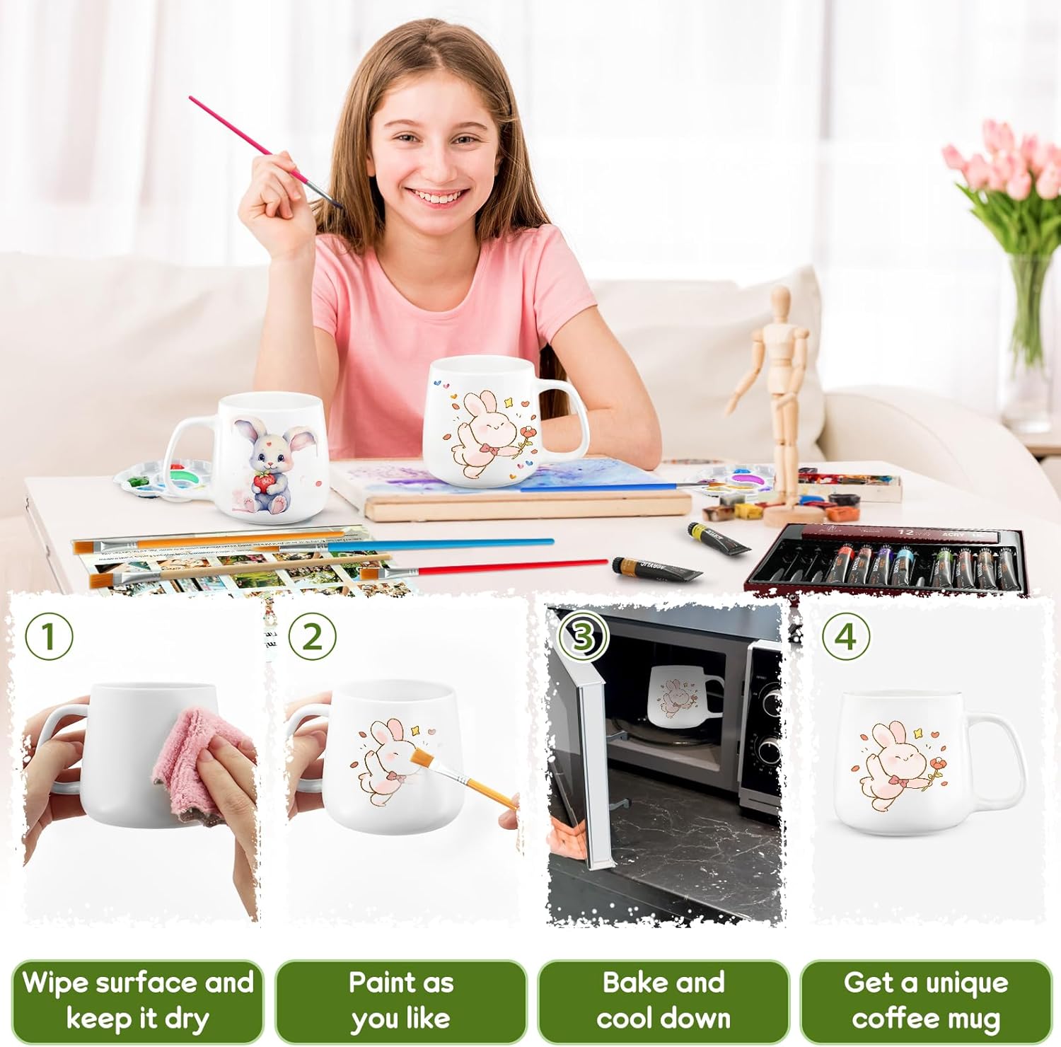 SEOLENZW Ceramic Painting Kit - 2 Mug DIY Set for Couples & Friends. Paint Your Own Mug Kit with Professional Brushes, Acrylic Paints & Palettes. Creative Gift for Adults（Warm Cup） - Image 5